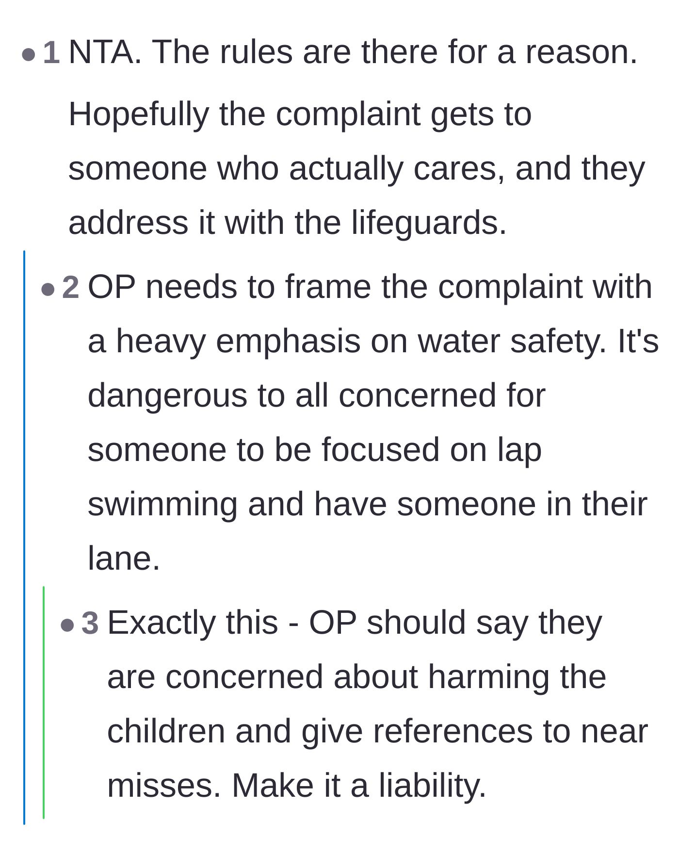 Comment thread 4 - Advising the swimmer to frame their formal complaint around safety and legal liability to force action.