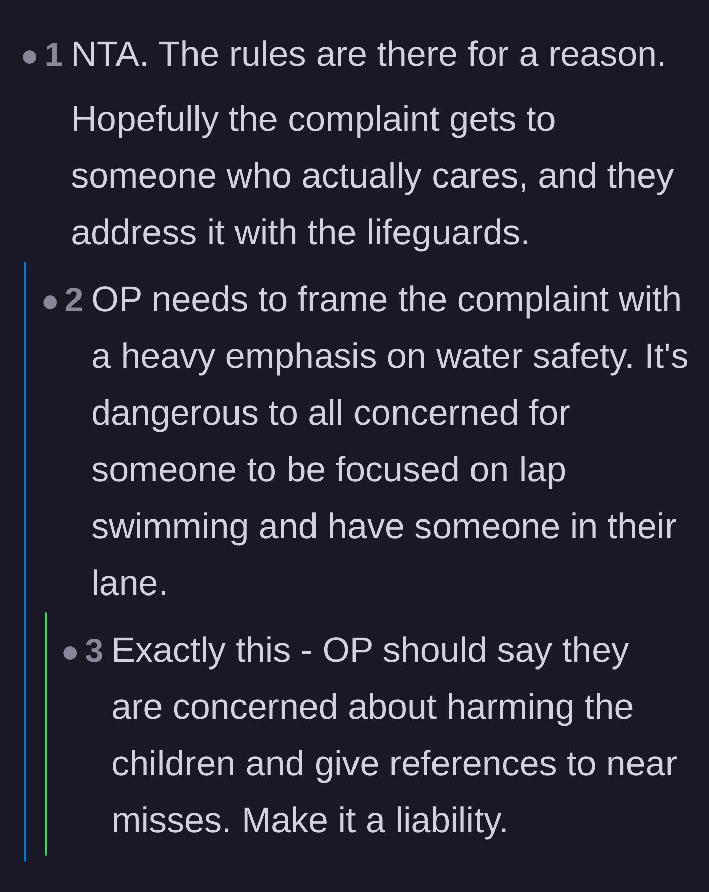 Comment thread 4 - Advising the swimmer to frame their formal complaint around safety and legal liability to force action.