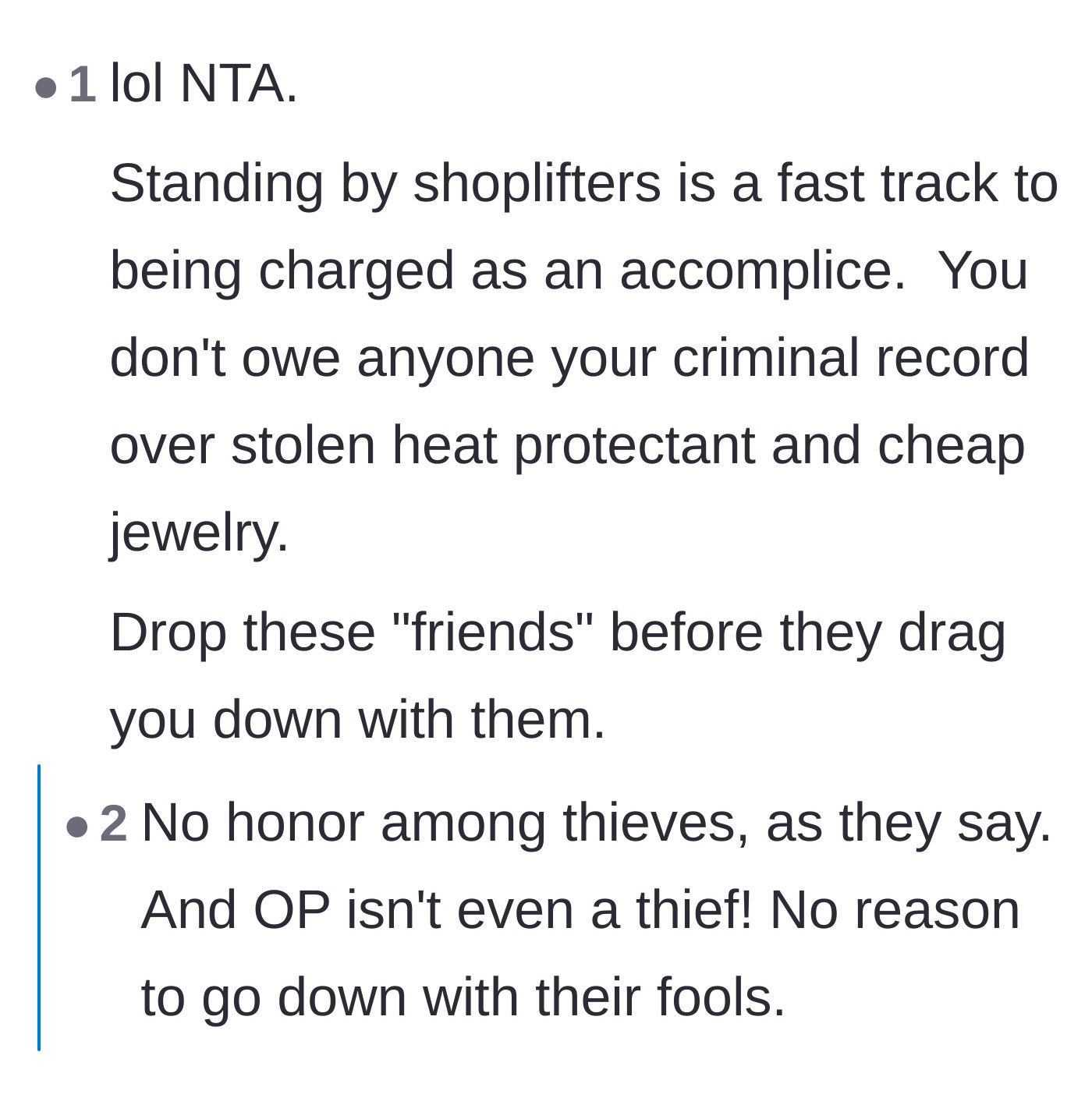 Comment thread 1 - Advice on avoiding a criminal record by dropping shoplifting friends, alongside a story of false accusation.