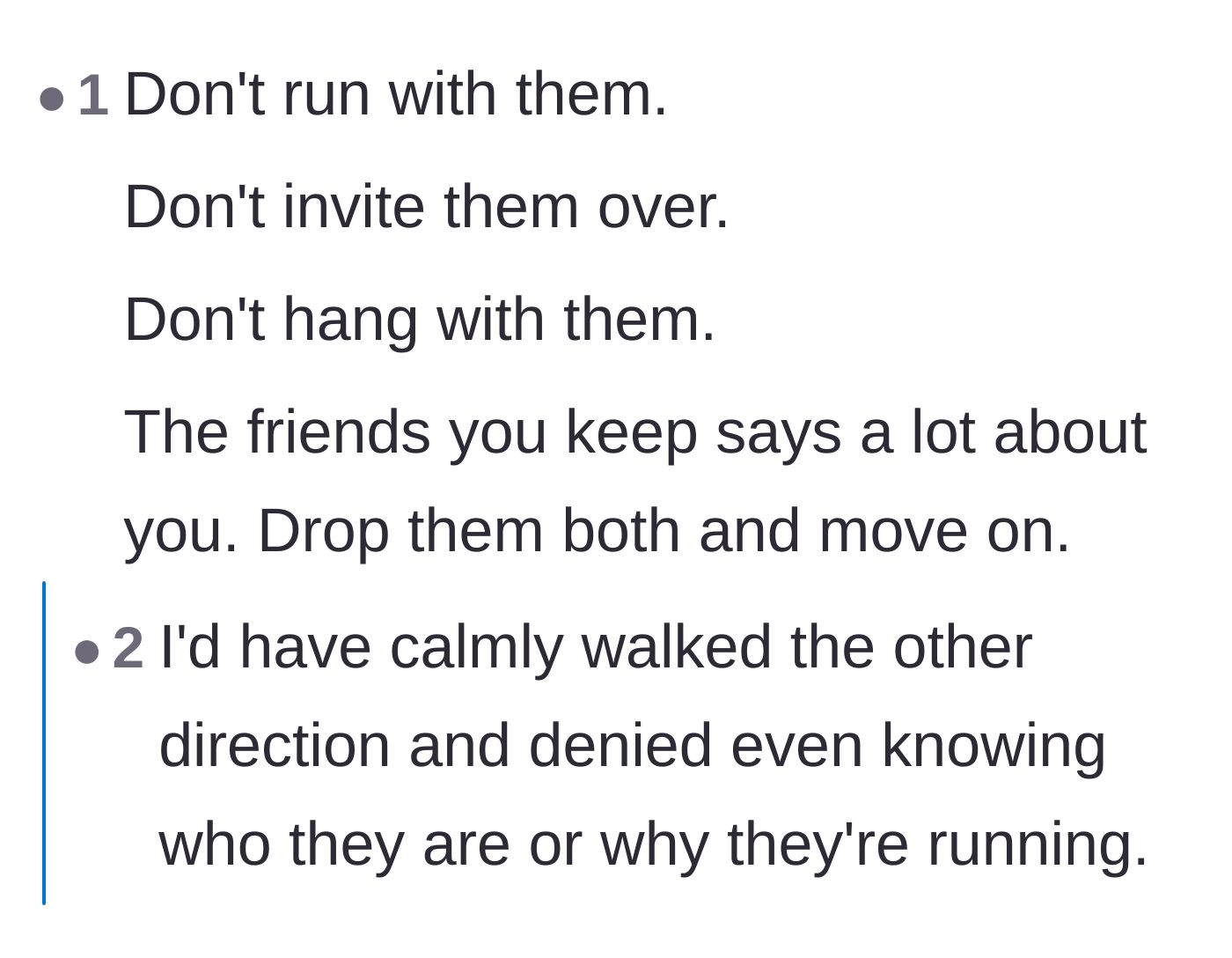 Comment thread 4 - Stern, bulleted instructions to completely cut ties and walk the other direction.