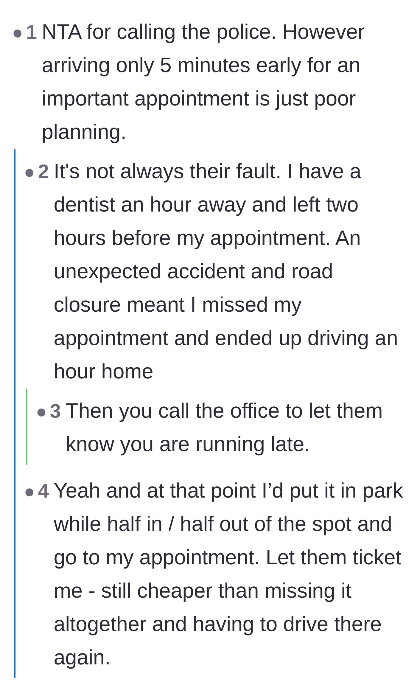 Comment thread 1 - Debating whether arriving five minutes before a crucial appointment is an unacceptable risk.