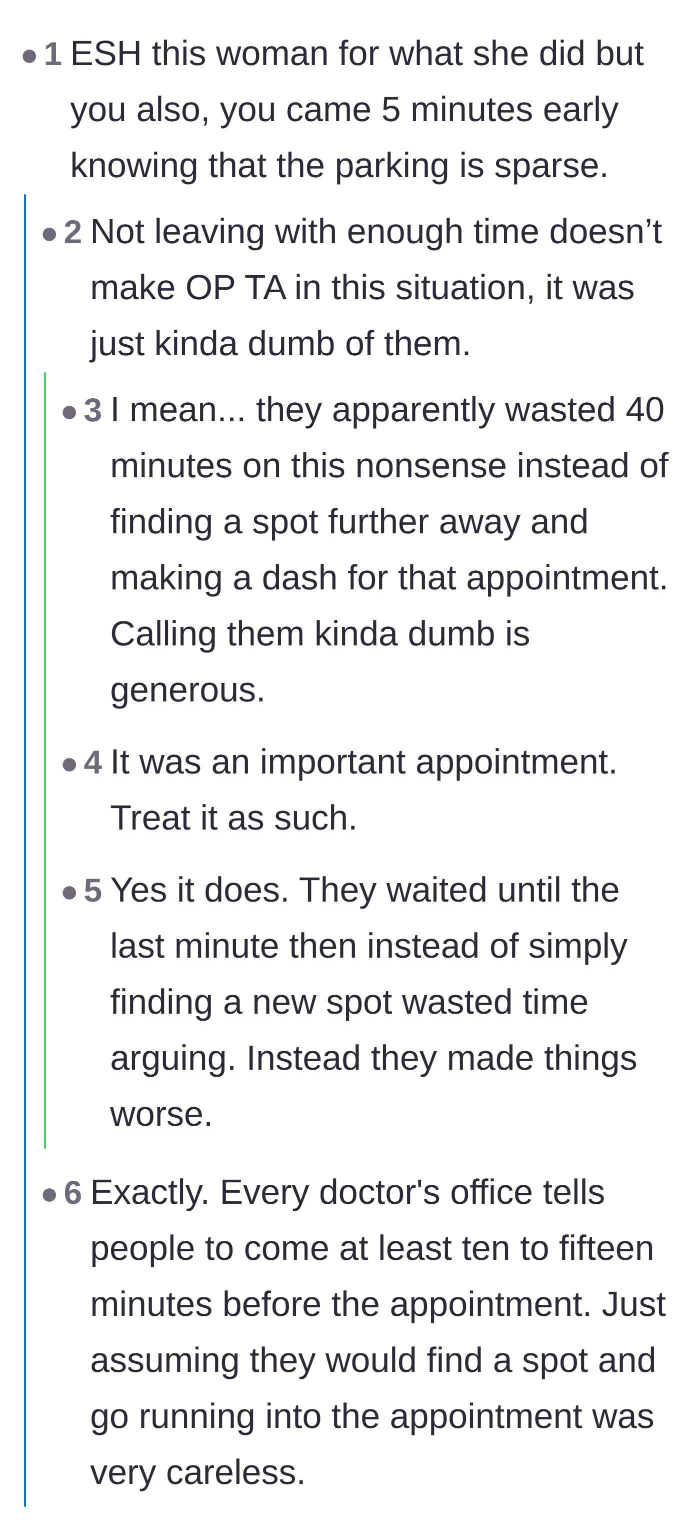 Comment thread 4 - Criticism of the driver wasting time arguing instead of securing another parking spot.