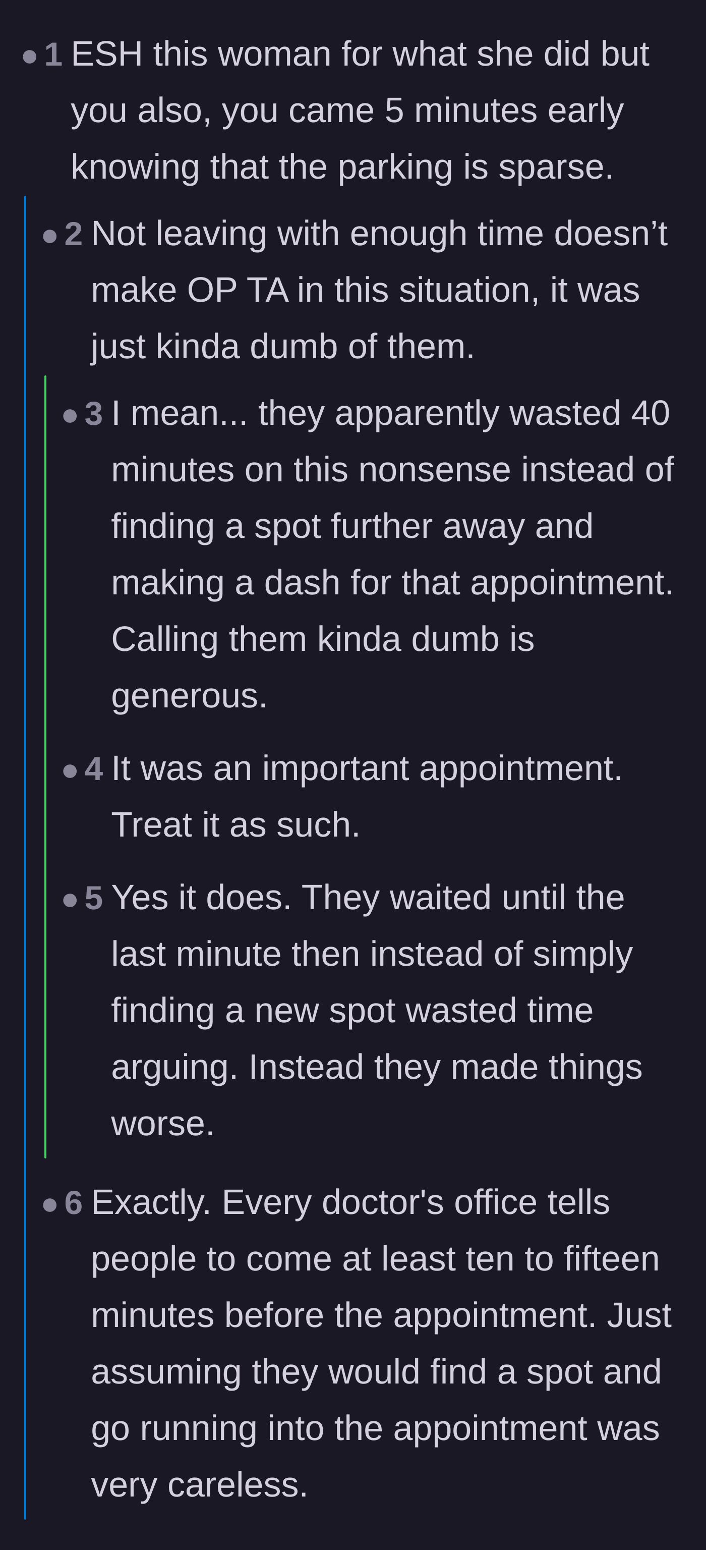 Comment thread 4 - Criticism of the driver wasting time arguing instead of securing another parking spot.