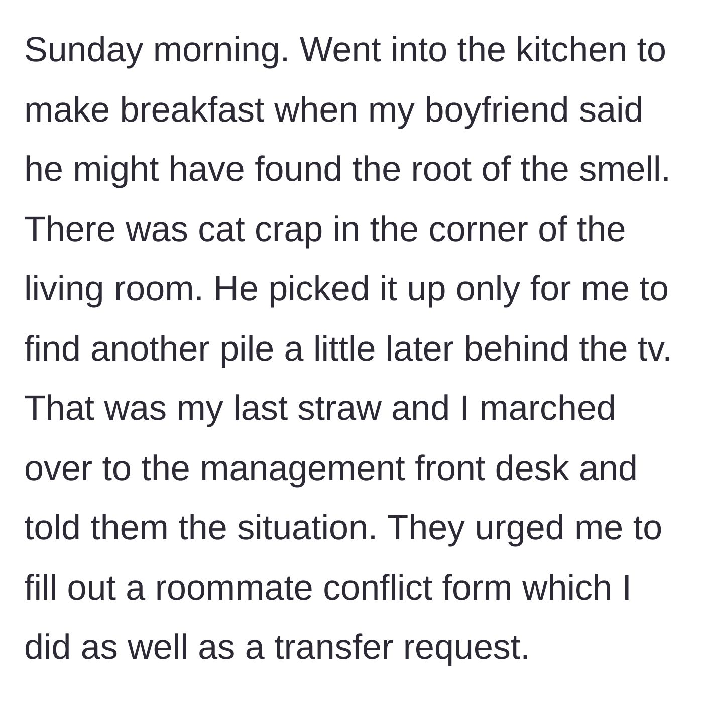 Story part 5 - Finding cat feces behind the TV in the living room and finally reporting it to management.