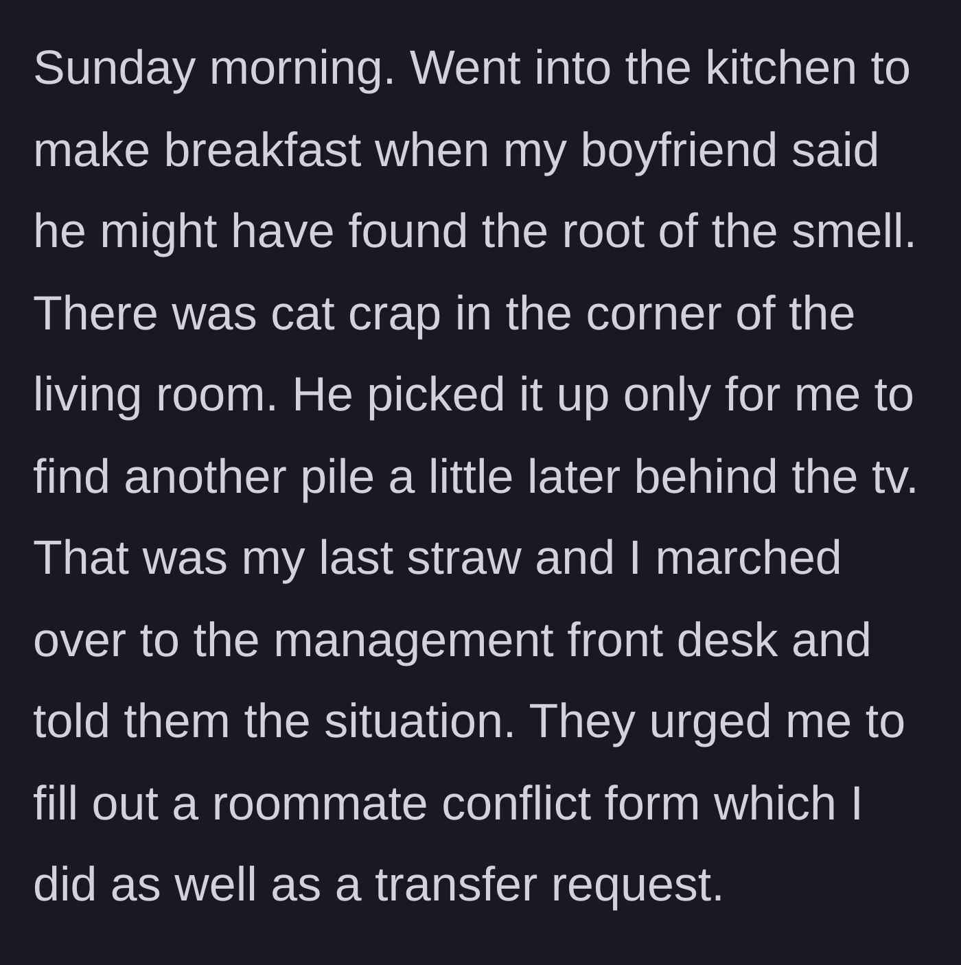 Story part 5 - Finding cat feces behind the TV in the living room and finally reporting it to management.