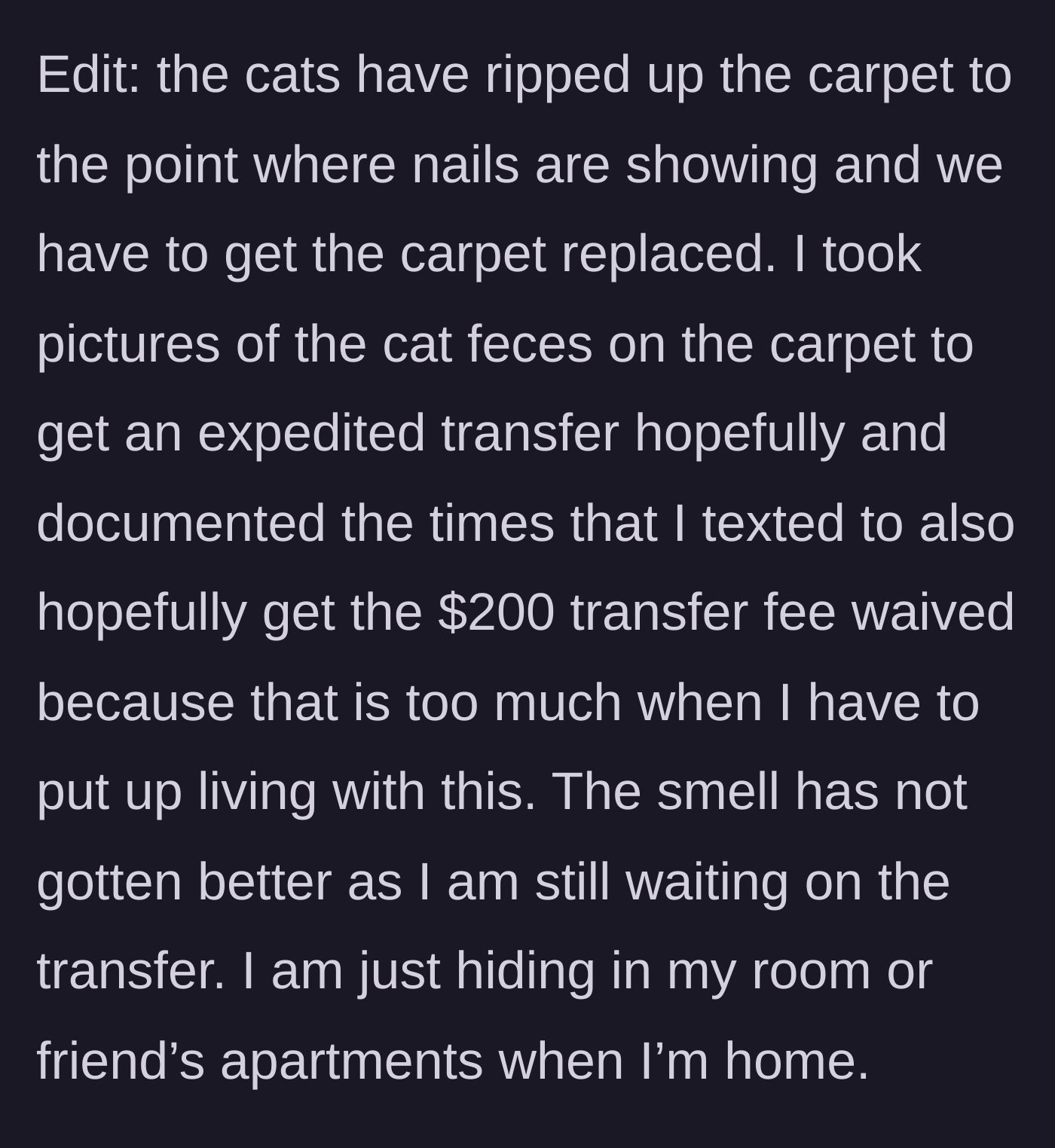 Story part 7 - The cats ruined the carpet down to the nails, prompting a plea for waived transfer fees while hiding from the smell.