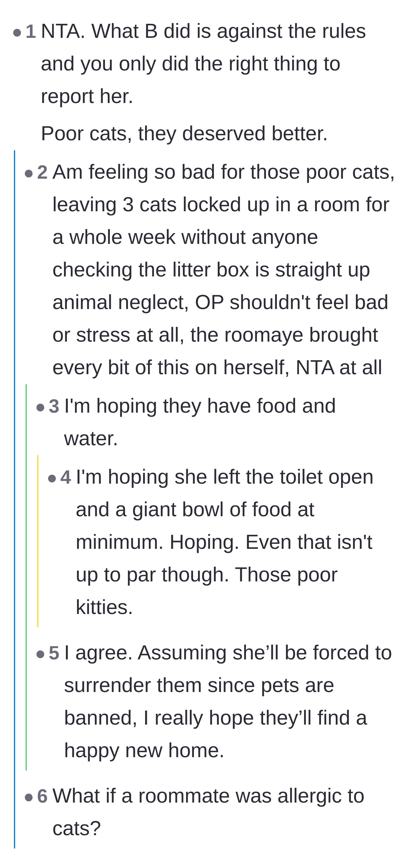 Comment thread 1 - Thread discussing the severity of the animal neglect and hoping the cats had enough food and water.