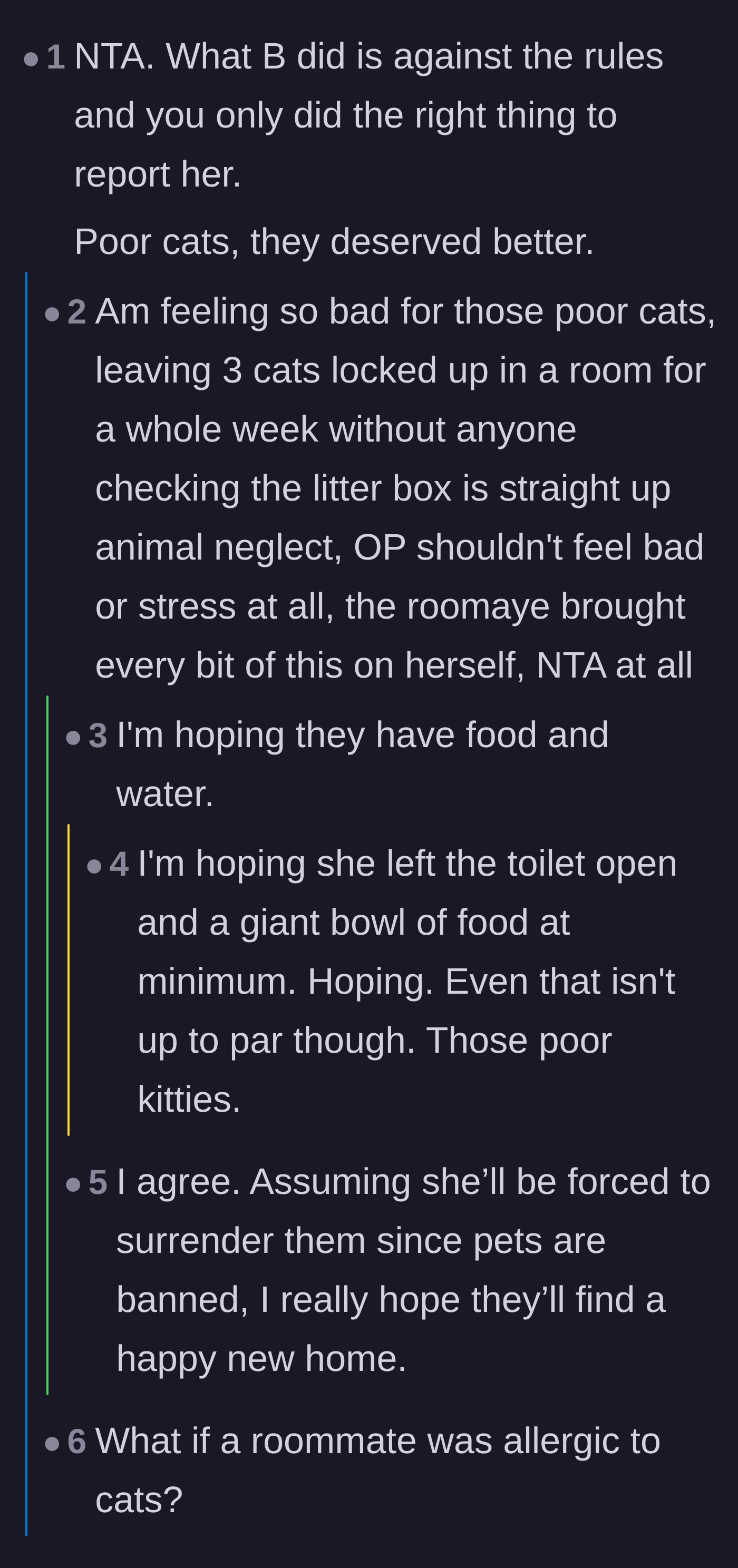 Comment thread 1 - Thread discussing the severity of the animal neglect and hoping the cats had enough food and water.
