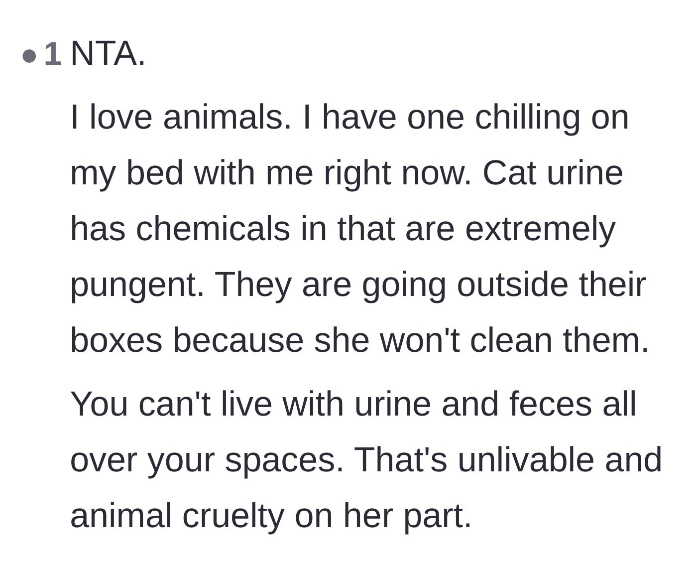 Comment thread 2 - Thread explaining how toxic and pungent uncleaned cat urine and feces become in a living space.