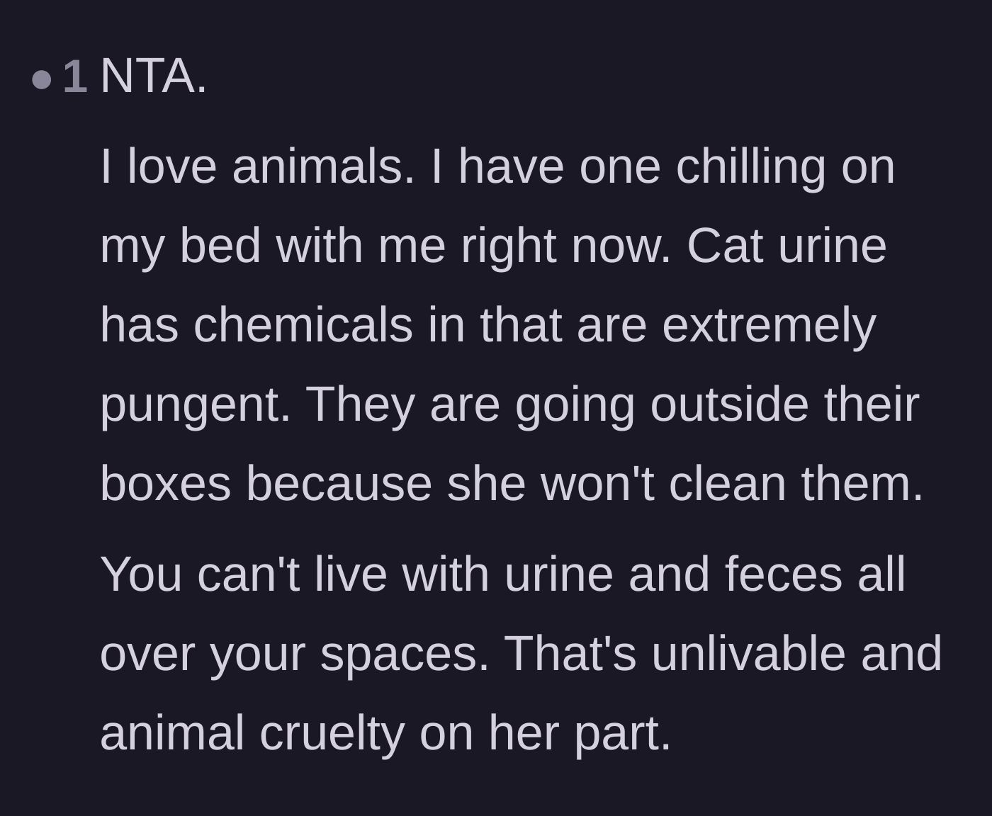Comment thread 2 - Thread explaining how toxic and pungent uncleaned cat urine and feces become in a living space.