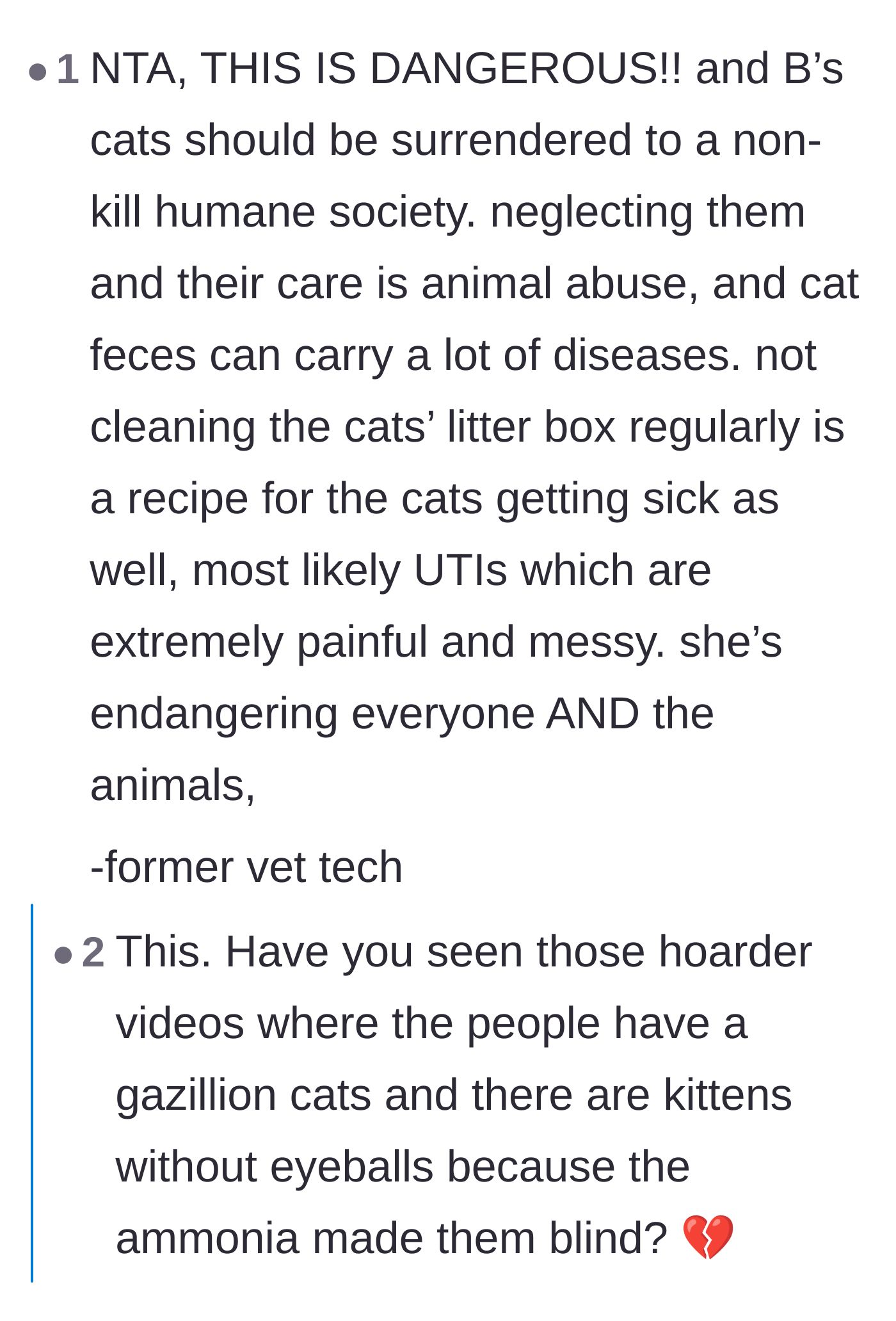 Comment thread 4 - Thread from a former vet tech explaining the dangerous medical risks of dirty litter boxes.