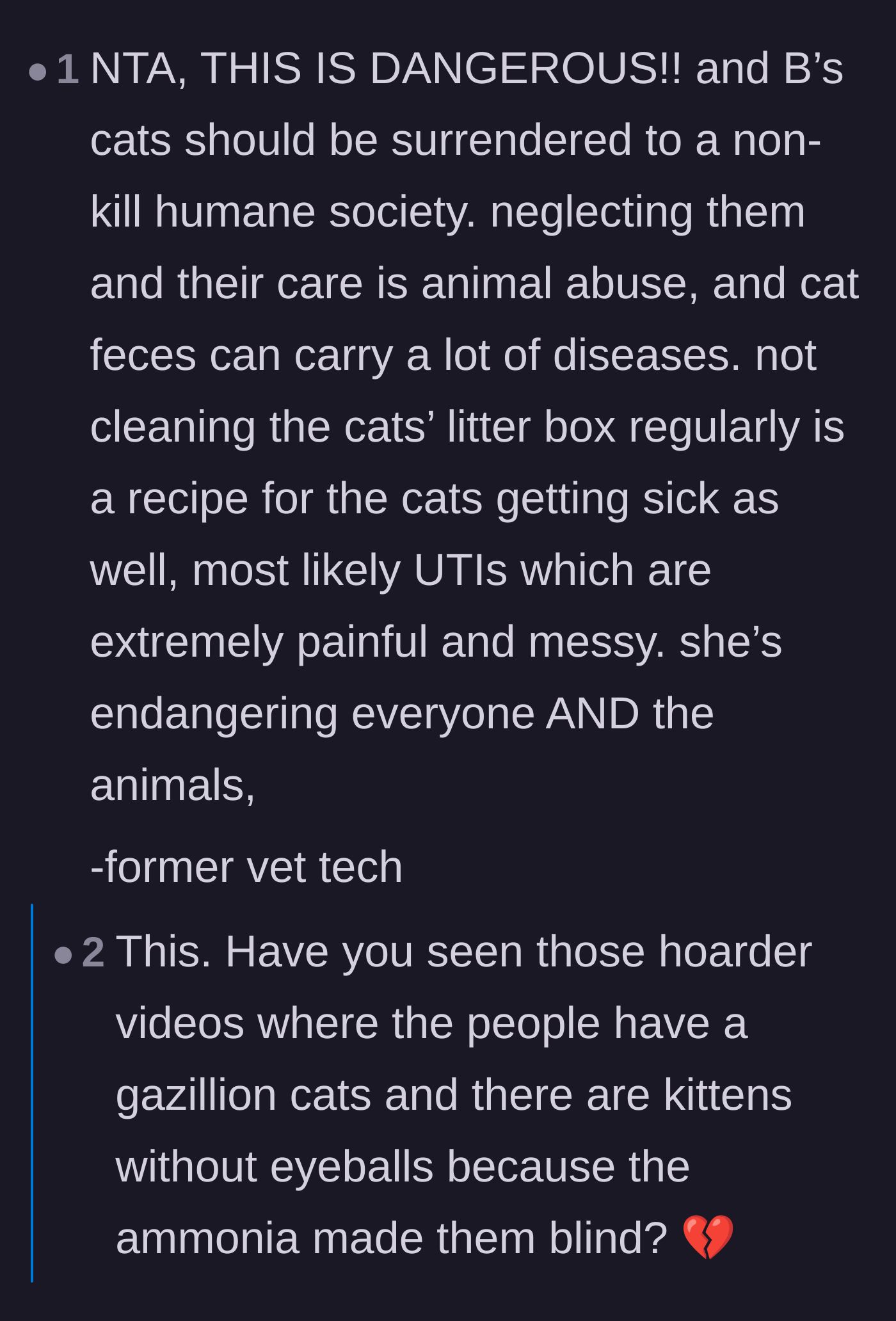 Comment thread 4 - Thread from a former vet tech explaining the dangerous medical risks of dirty litter boxes.