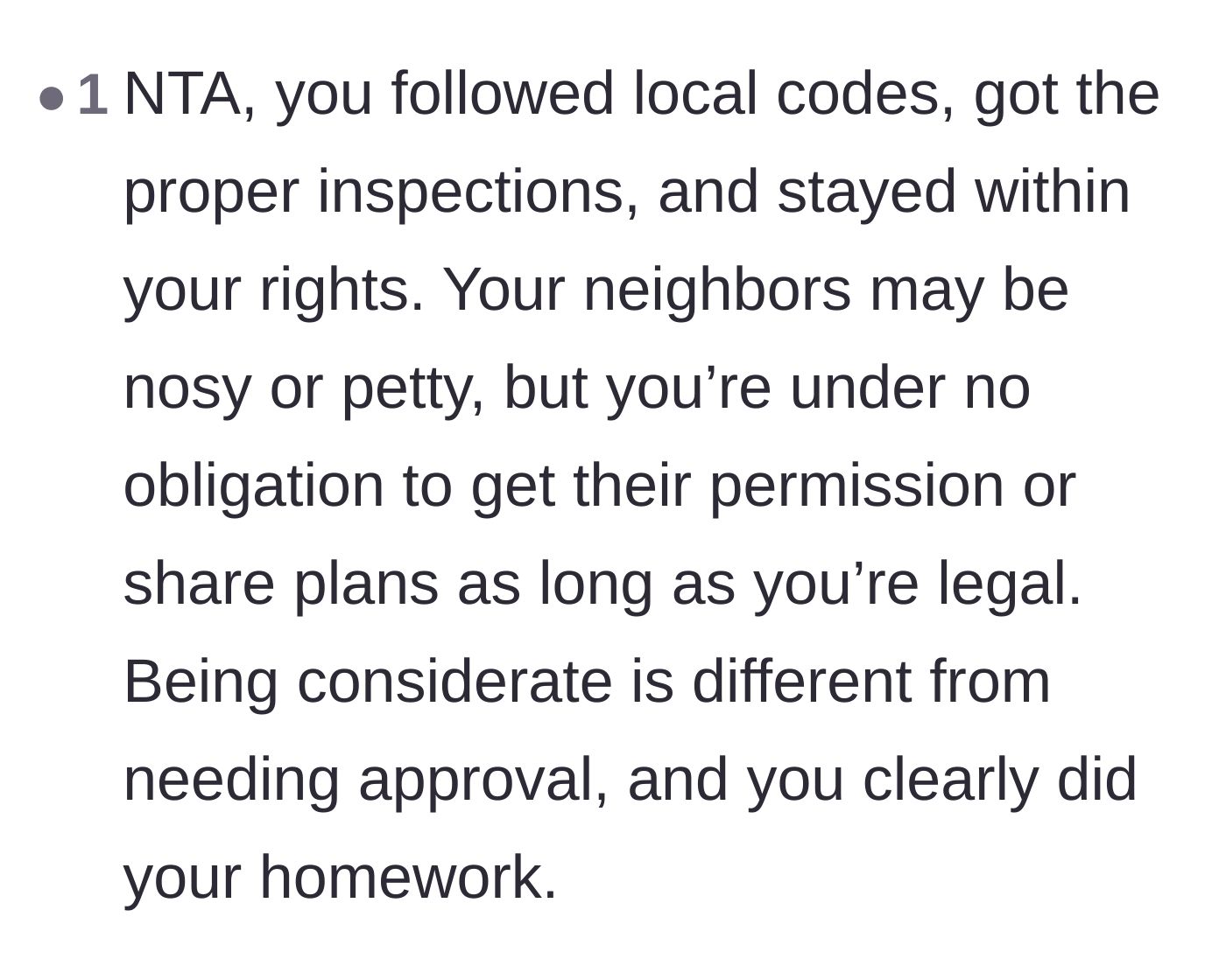 Comment thread 1 - Discussing the difference between neighborly consideration and requiring permission to build.