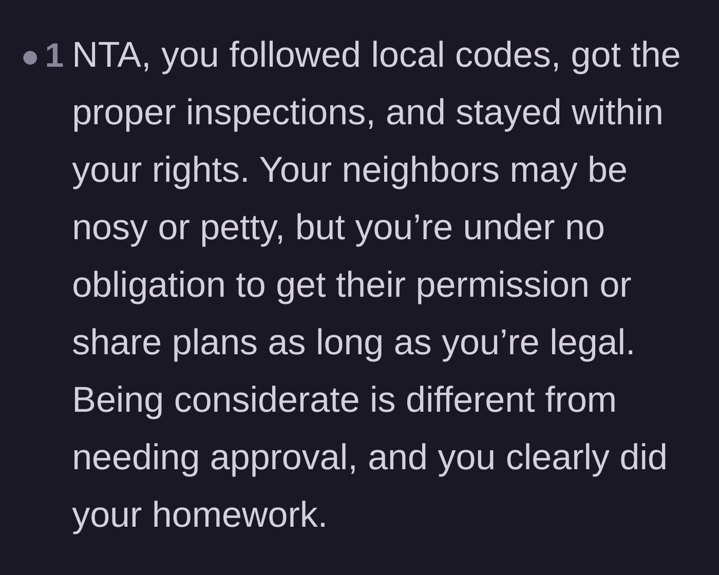 Comment thread 1 - Discussing the difference between neighborly consideration and requiring permission to build.