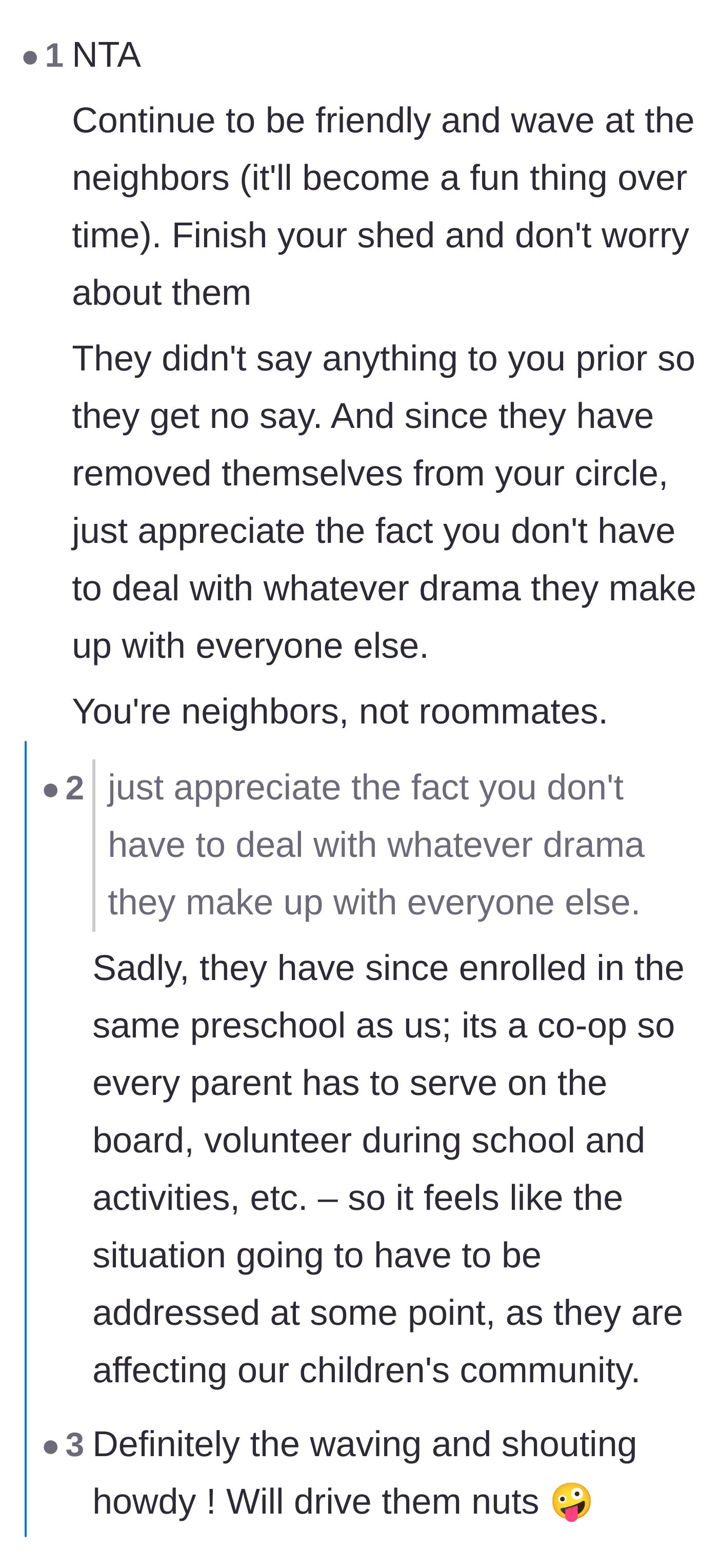 Comment thread 2 - Advice to politely wave at the neighbors, leading to a discussion about sharing a preschool co-op.