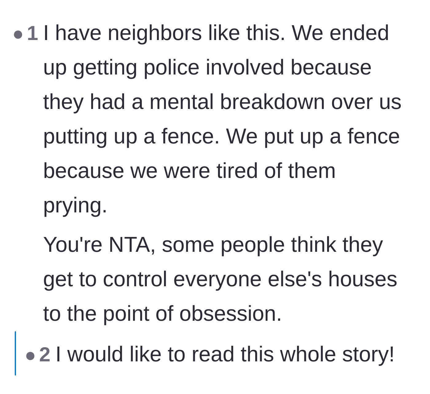 Comment thread 3 - A reader shares their own experience involving police and neighbors obsessing over a fence.