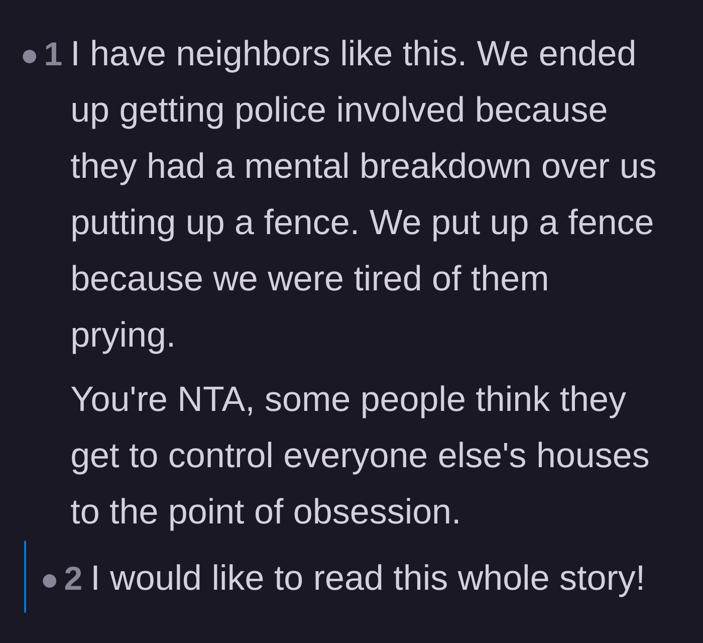 Comment thread 3 - A reader shares their own experience involving police and neighbors obsessing over a fence.