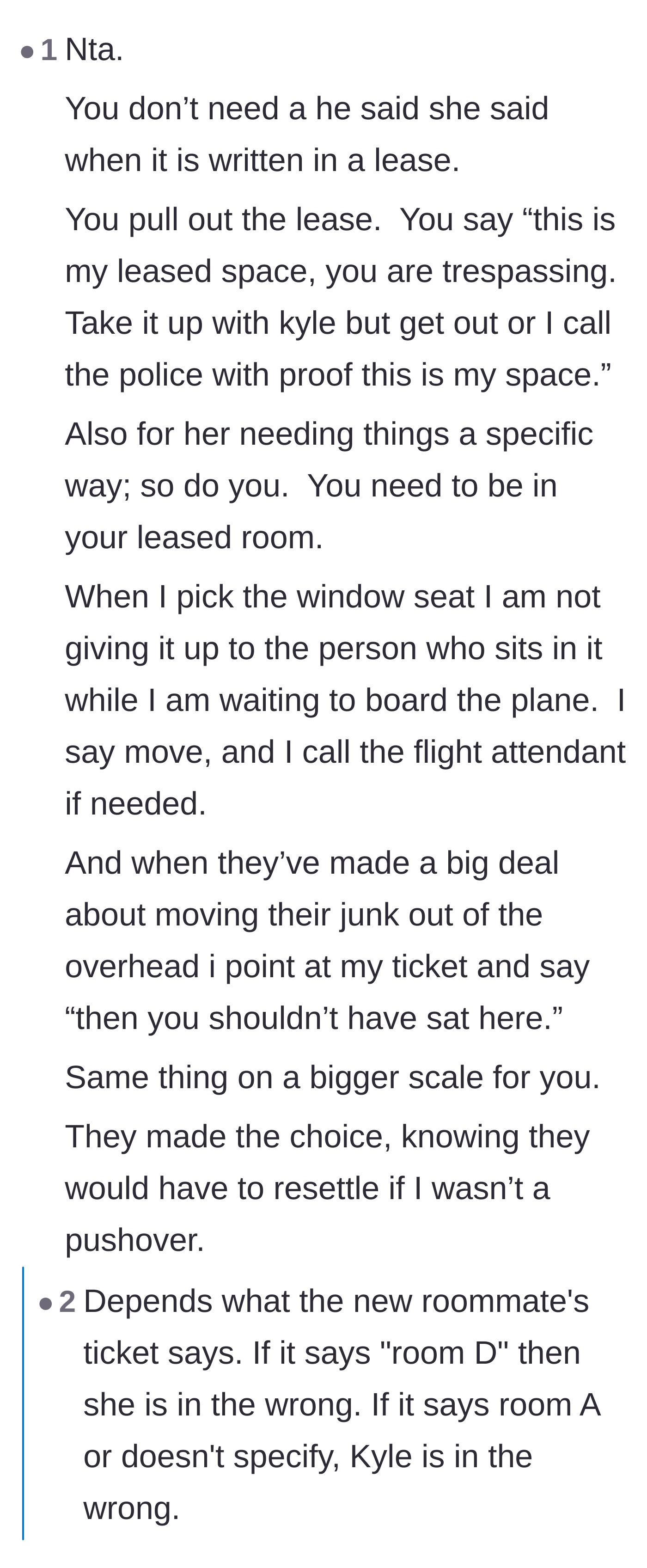 Comment thread 2 - Comparing the stolen room to a stolen assigned seat on a flight or train