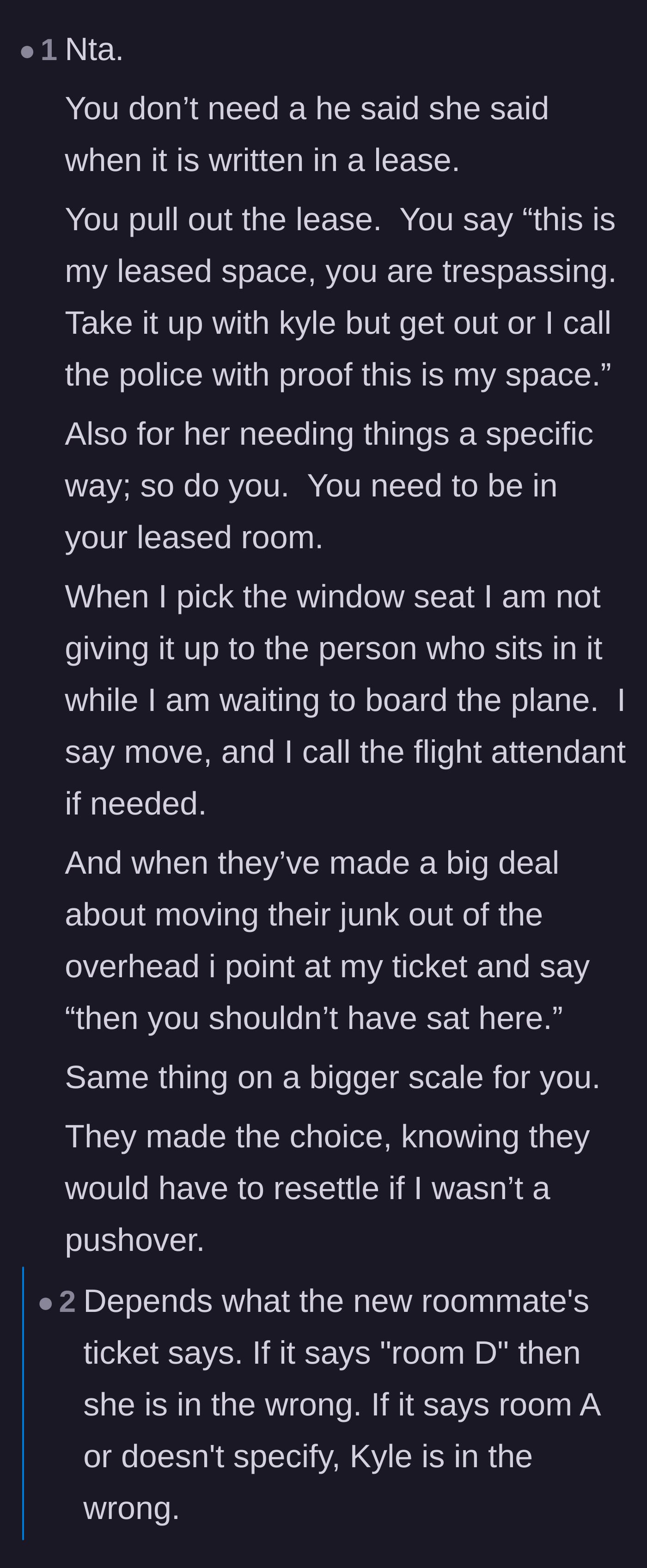Comment thread 2 - Comparing the stolen room to a stolen assigned seat on a flight or train