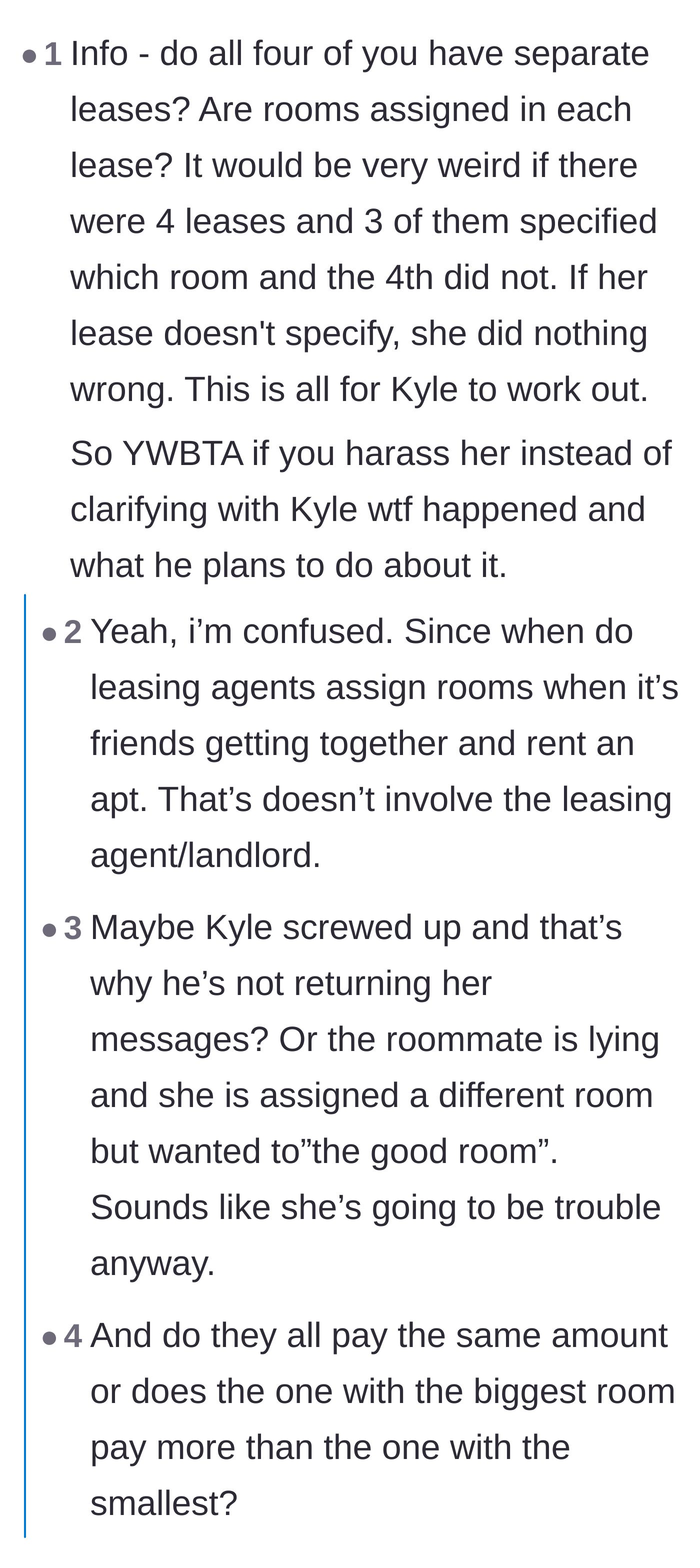 Comment thread 5 - Questioning if the leases were individual and whether rent costs depend on room size
