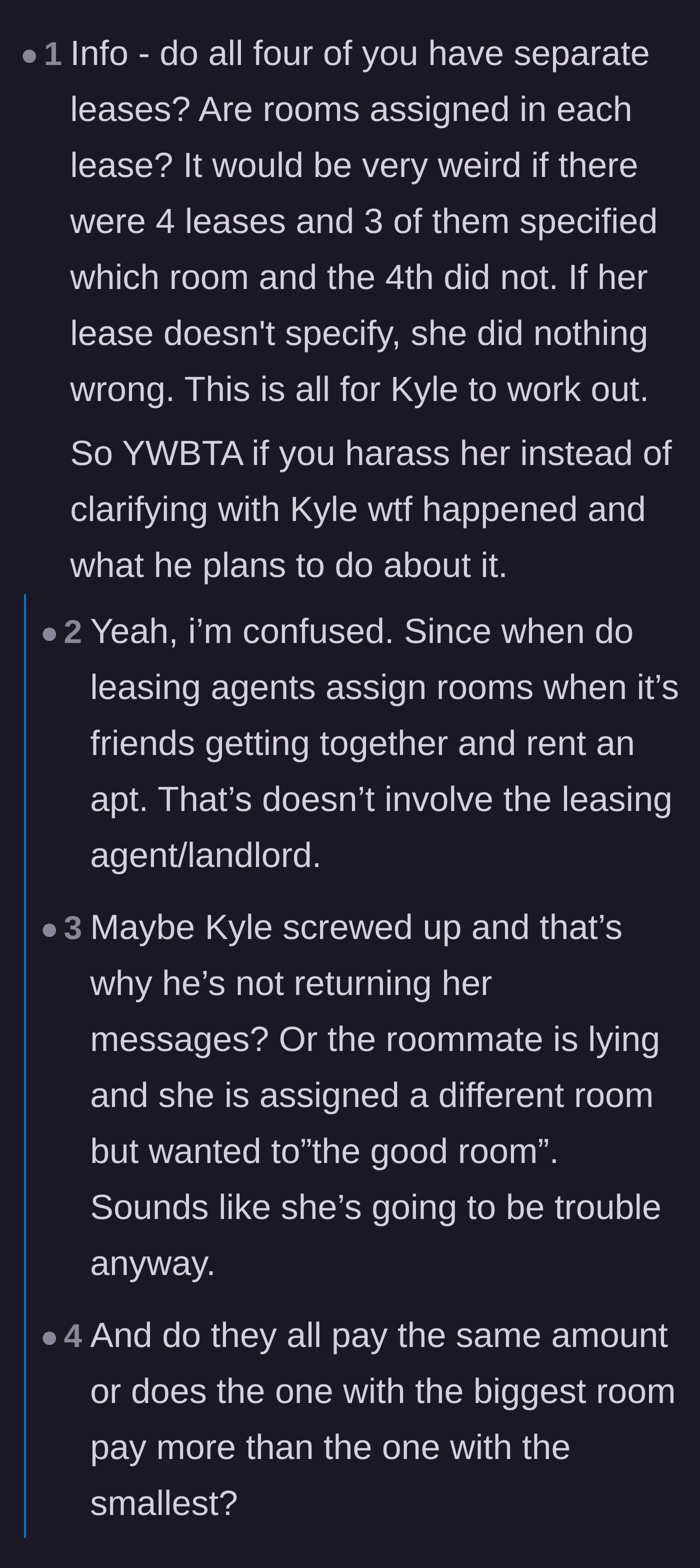 Comment thread 5 - Questioning if the leases were individual and whether rent costs depend on room size