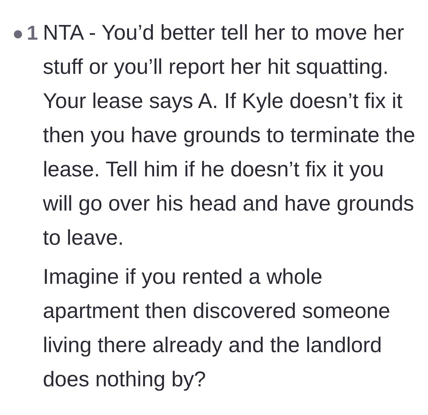 Comment thread 6 - Suggesting the main character threaten to break the lease entirely due to a breach of contract