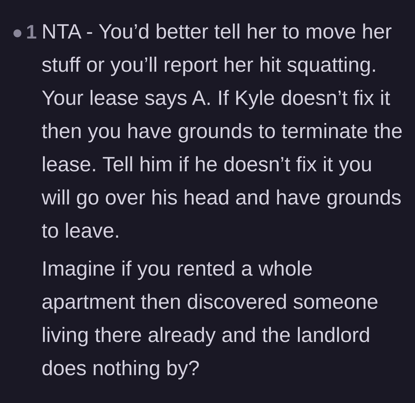 Comment thread 6 - Suggesting the main character threaten to break the lease entirely due to a breach of contract