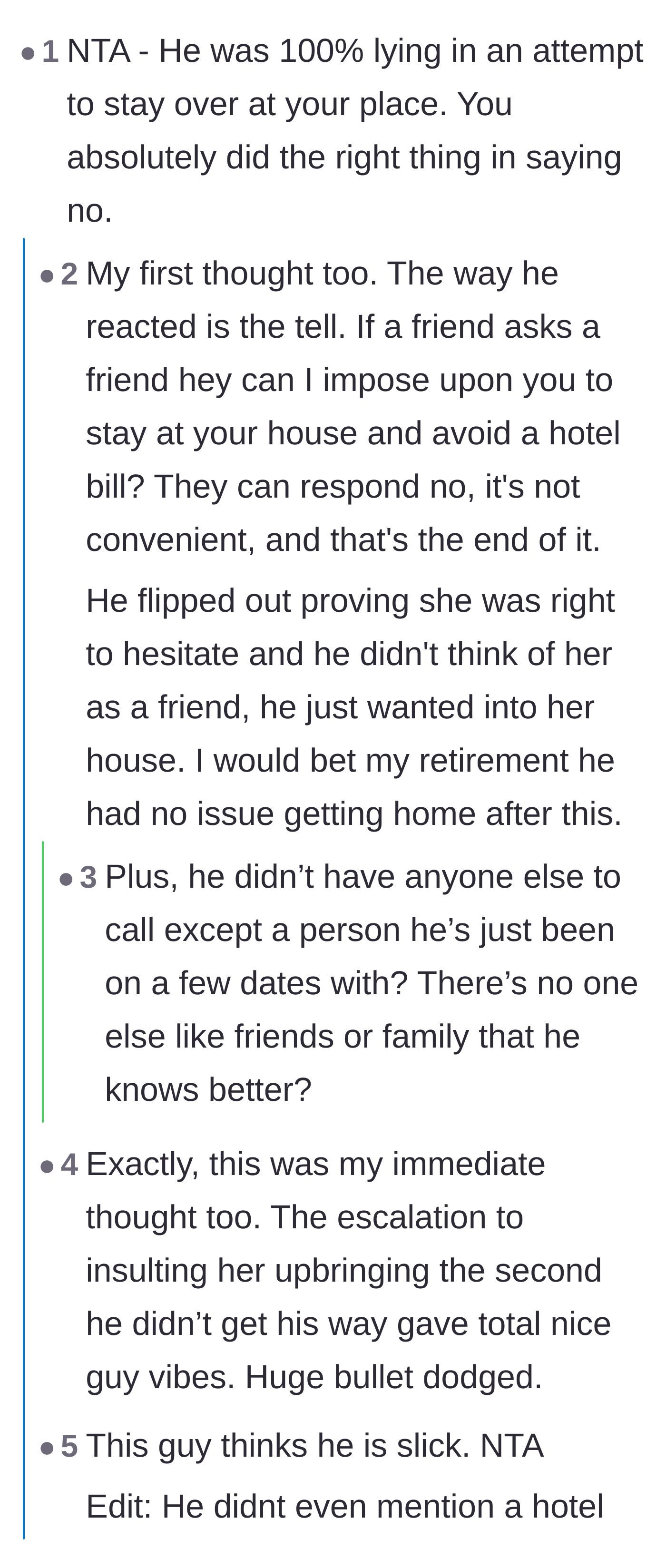 Comment thread 1 - Commenters breaking down how the man's angry reaction proves he was lying about being stranded just to get into her apartment.