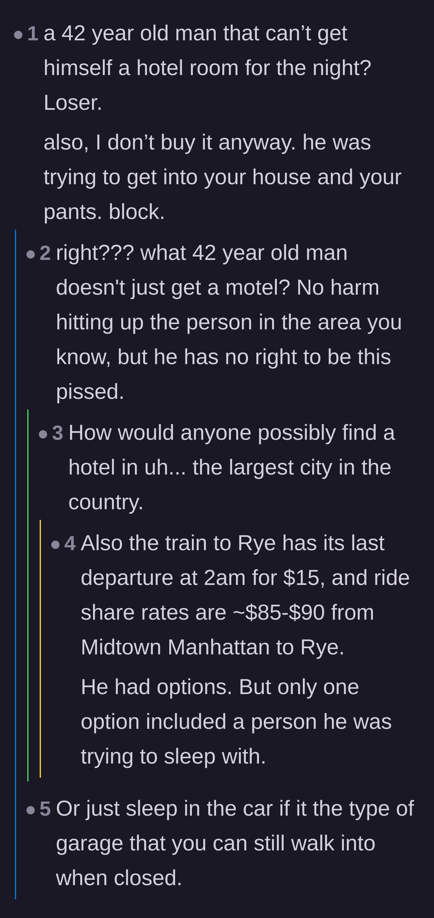 Comment thread 2 - Readers pointing out the absurdity of a 42-year-old man pretending he can't find a hotel room in the middle of New York City.