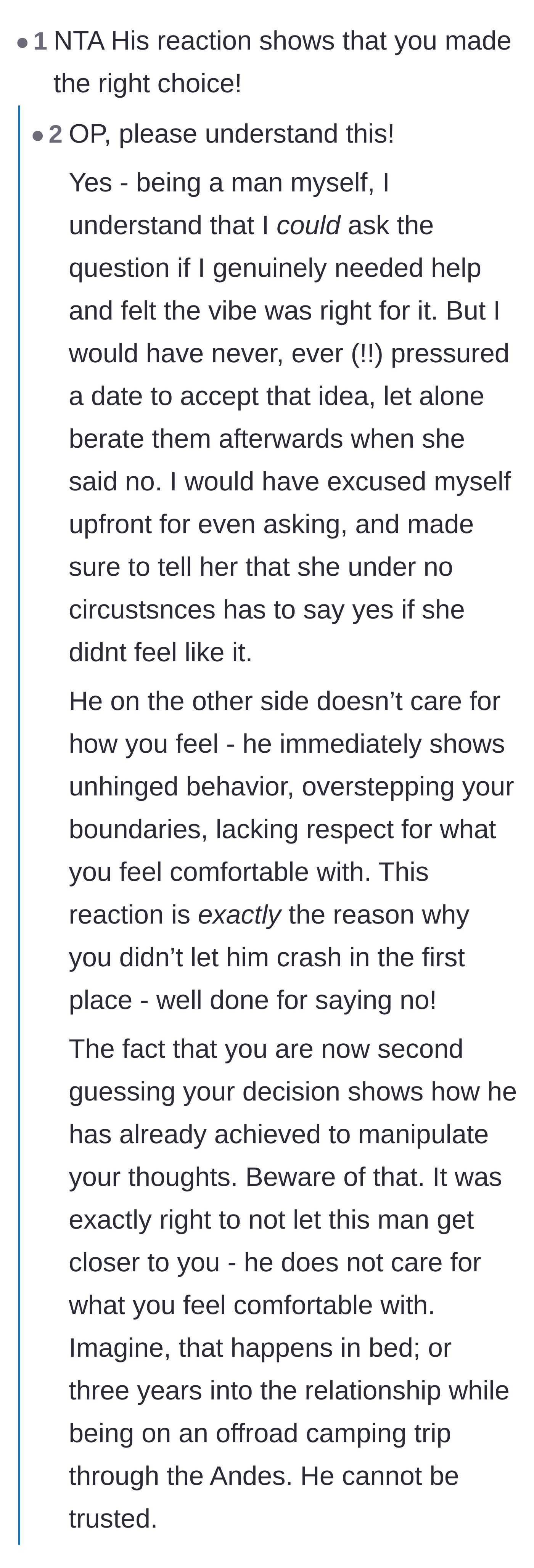 Comment thread 3 - A discussion where other men validate the author's choice, noting that a decent guy would never pressure a date or punish her for having boundaries.