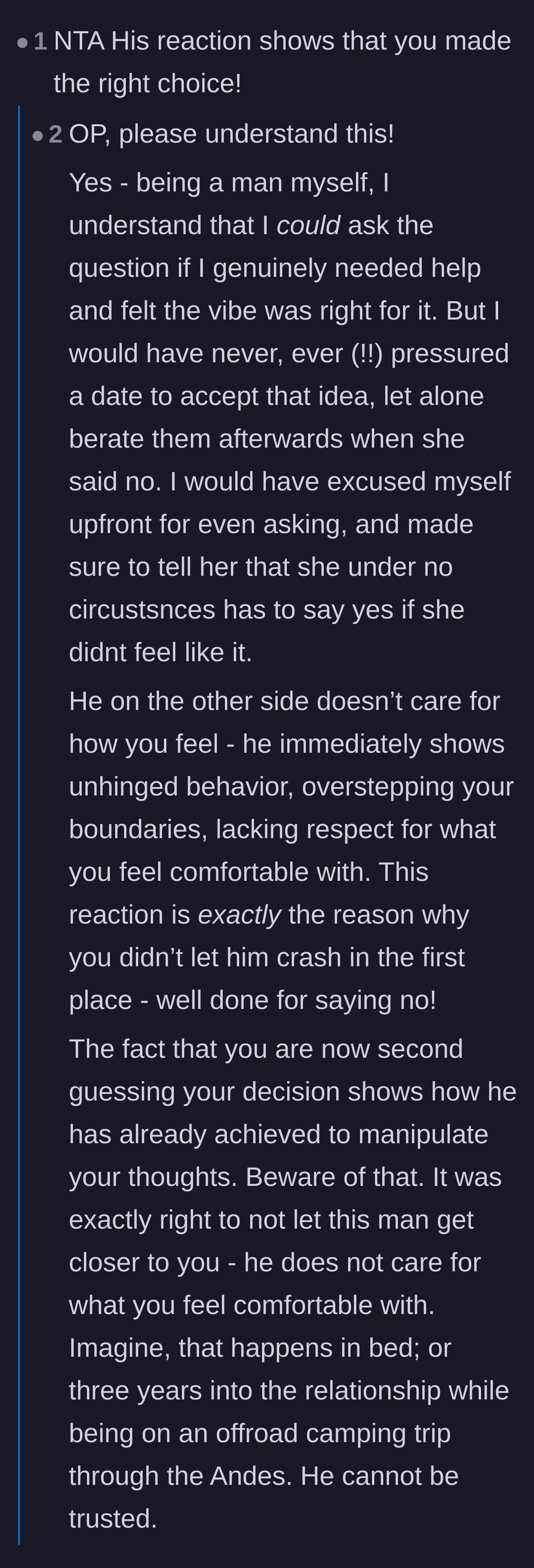 Comment thread 3 - A discussion where other men validate the author's choice, noting that a decent guy would never pressure a date or punish her for having boundaries.
