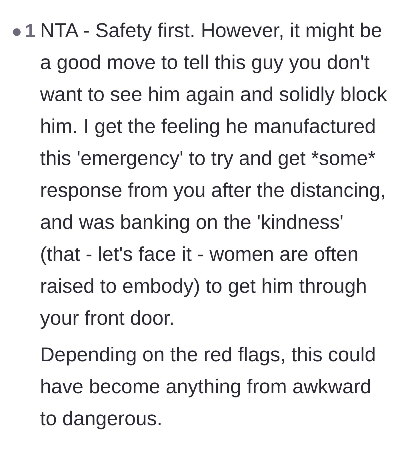 Comment thread 5 - Advice to block the man permanently, with readers noting how he tried to weaponize the kindness women are socially conditioned to provide.