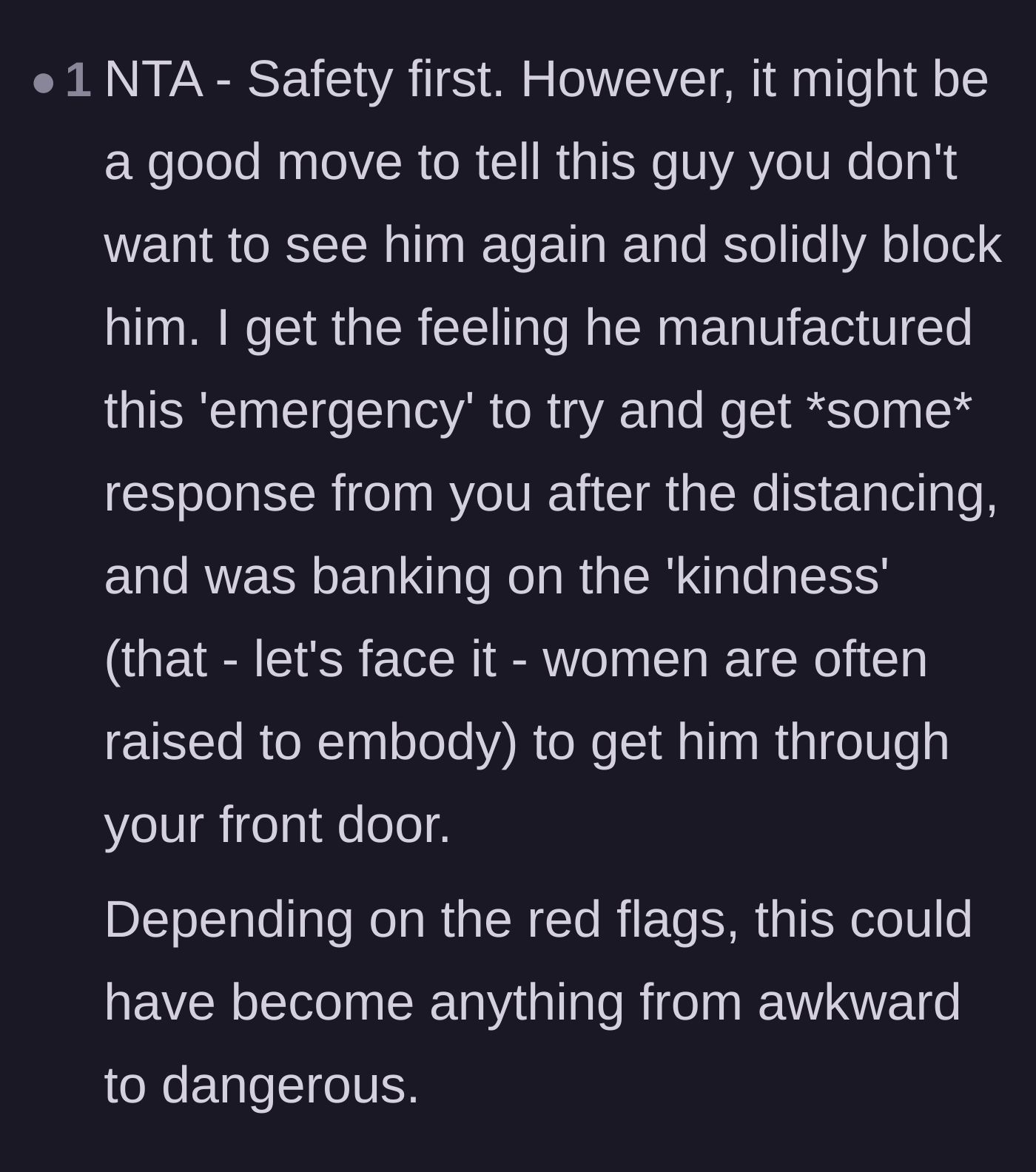 Comment thread 5 - Advice to block the man permanently, with readers noting how he tried to weaponize the kindness women are socially conditioned to provide.