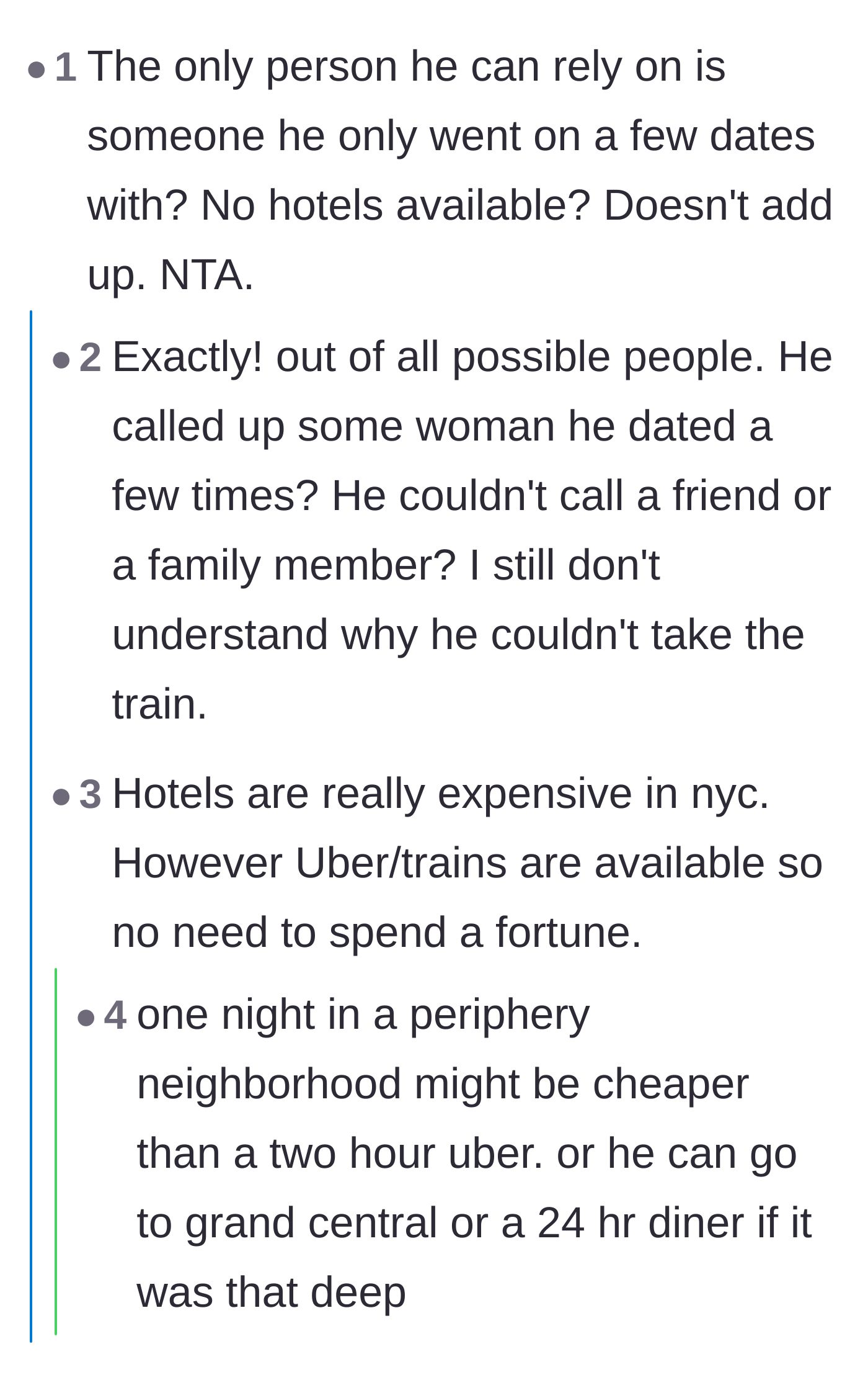 Comment thread 6 - A thread questioning the logic of calling someone you've barely dated instead of a family member, friend, or simply taking an Uber.