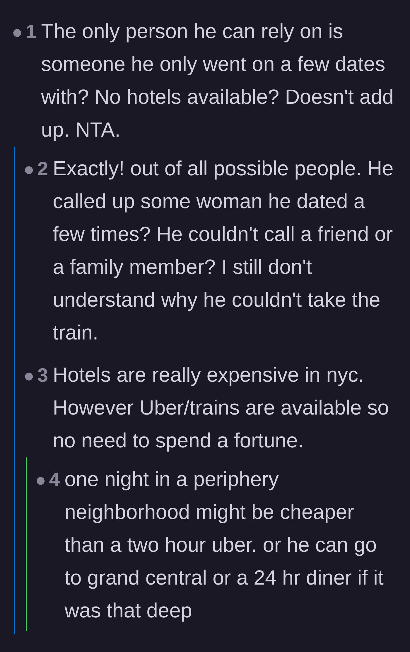 Comment thread 6 - A thread questioning the logic of calling someone you've barely dated instead of a family member, friend, or simply taking an Uber.