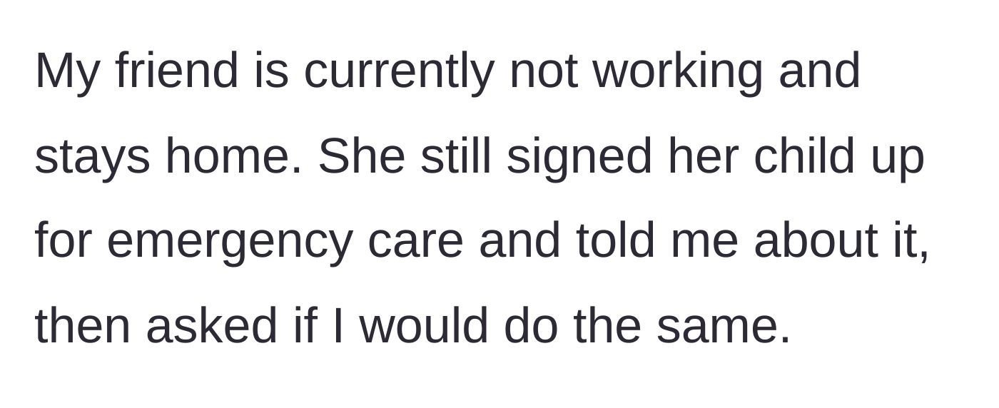 Story part 3 - A stay-at-home mother eagerly signing her child up for a limited emergency childcare spot.