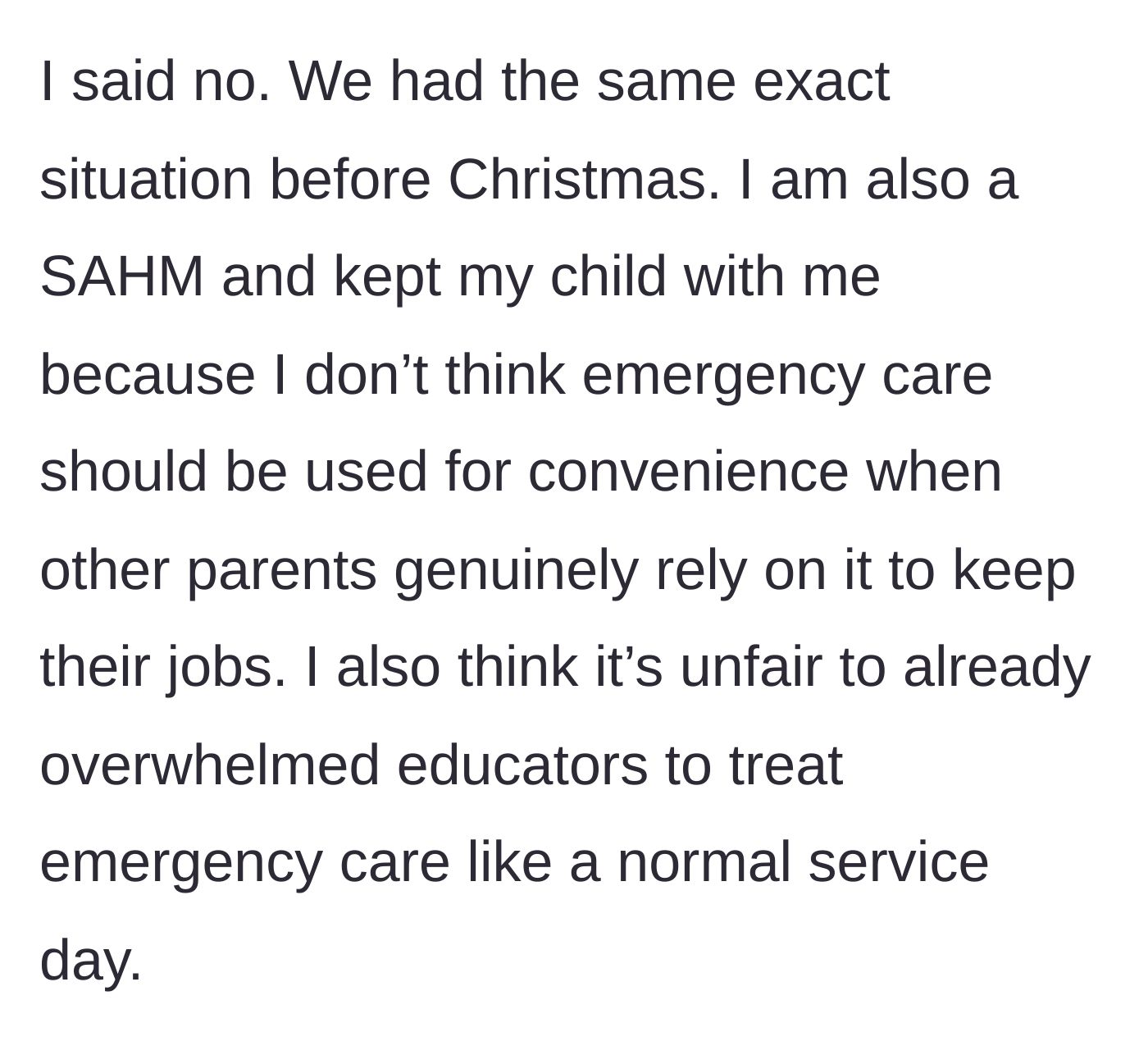 Story part 4 - A mother choosing to keep her child at home to save a daycare spot for working parents.