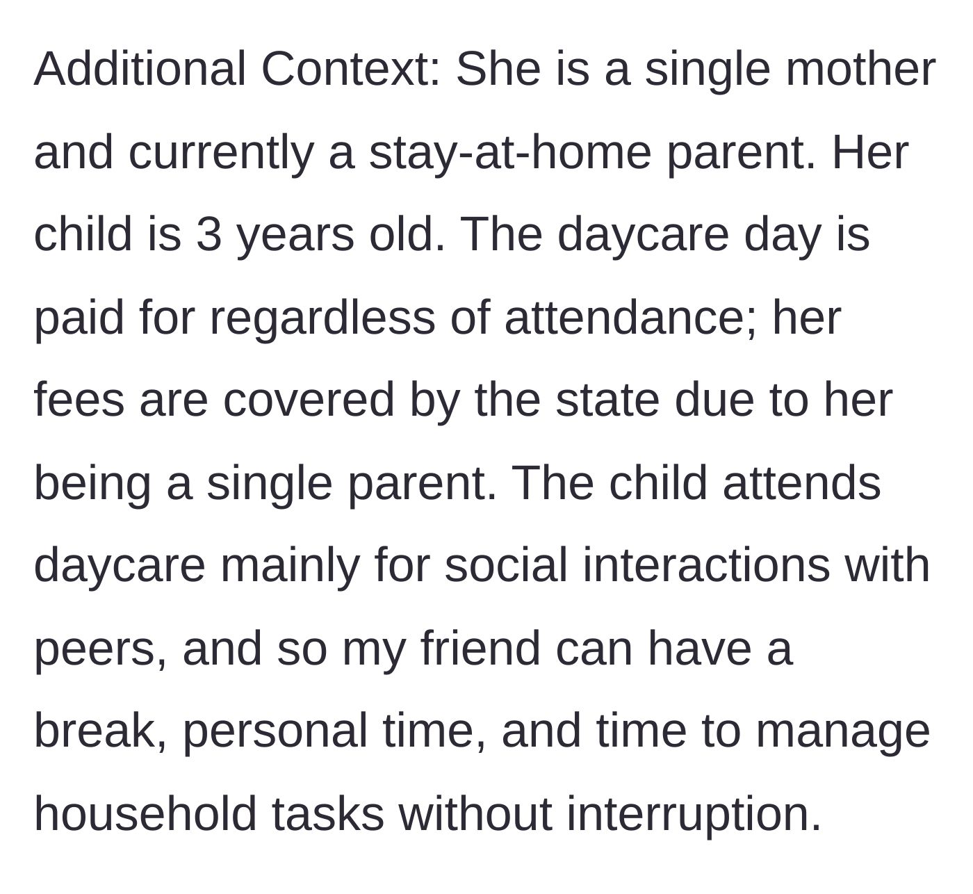 Story part 9 - A single mother enjoying personal time while her child is at a state-funded daycare.