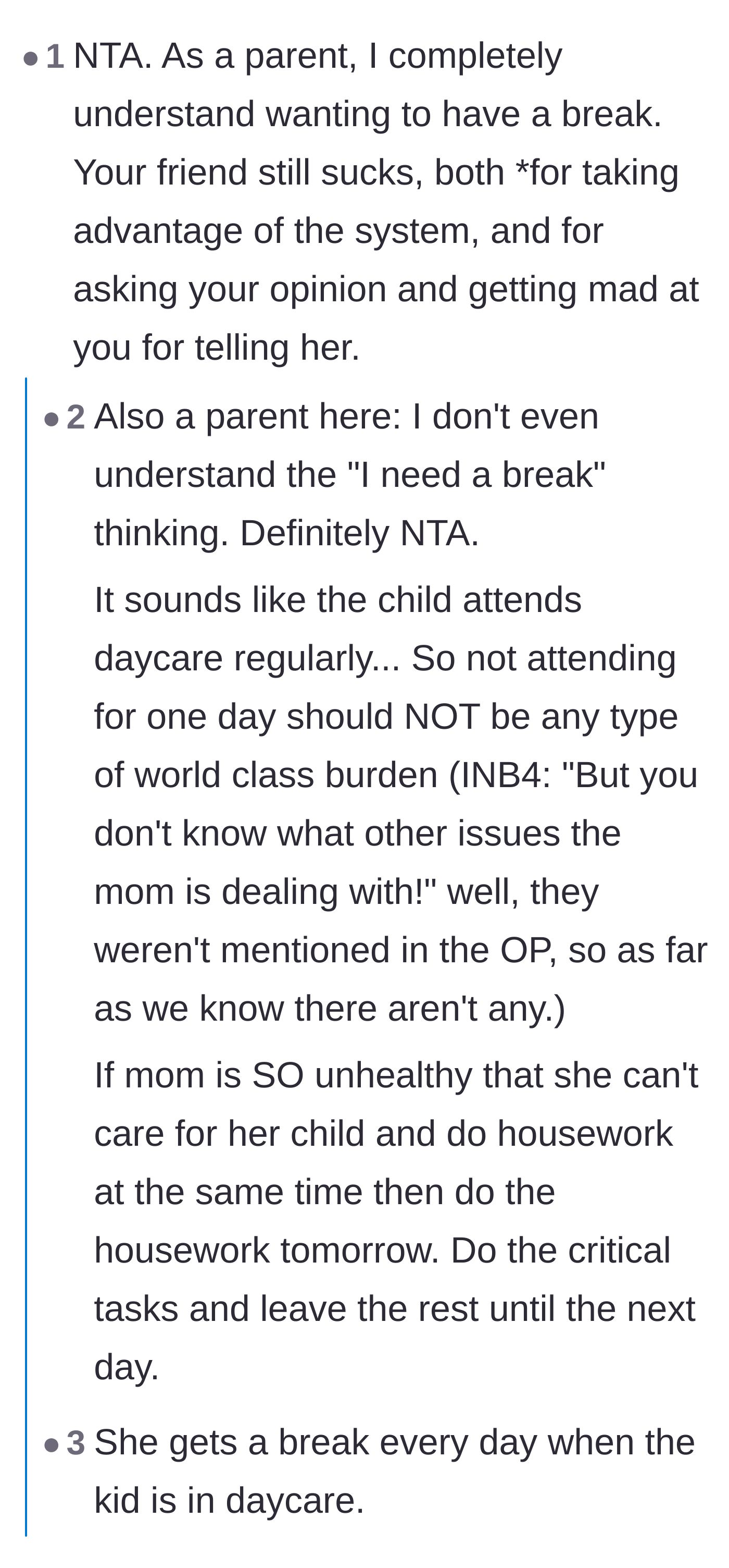 Comment thread 2 - Discussion on whether stay-at-home parents truly need a break when their child already attends daycare regularly.