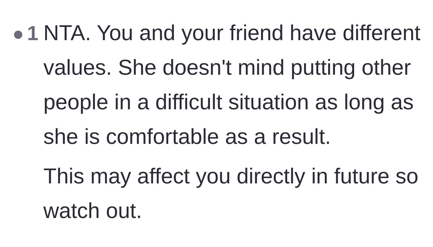 Comment thread 5 - A brief, sharp observation on clashing personal values and long-term friendship risks.