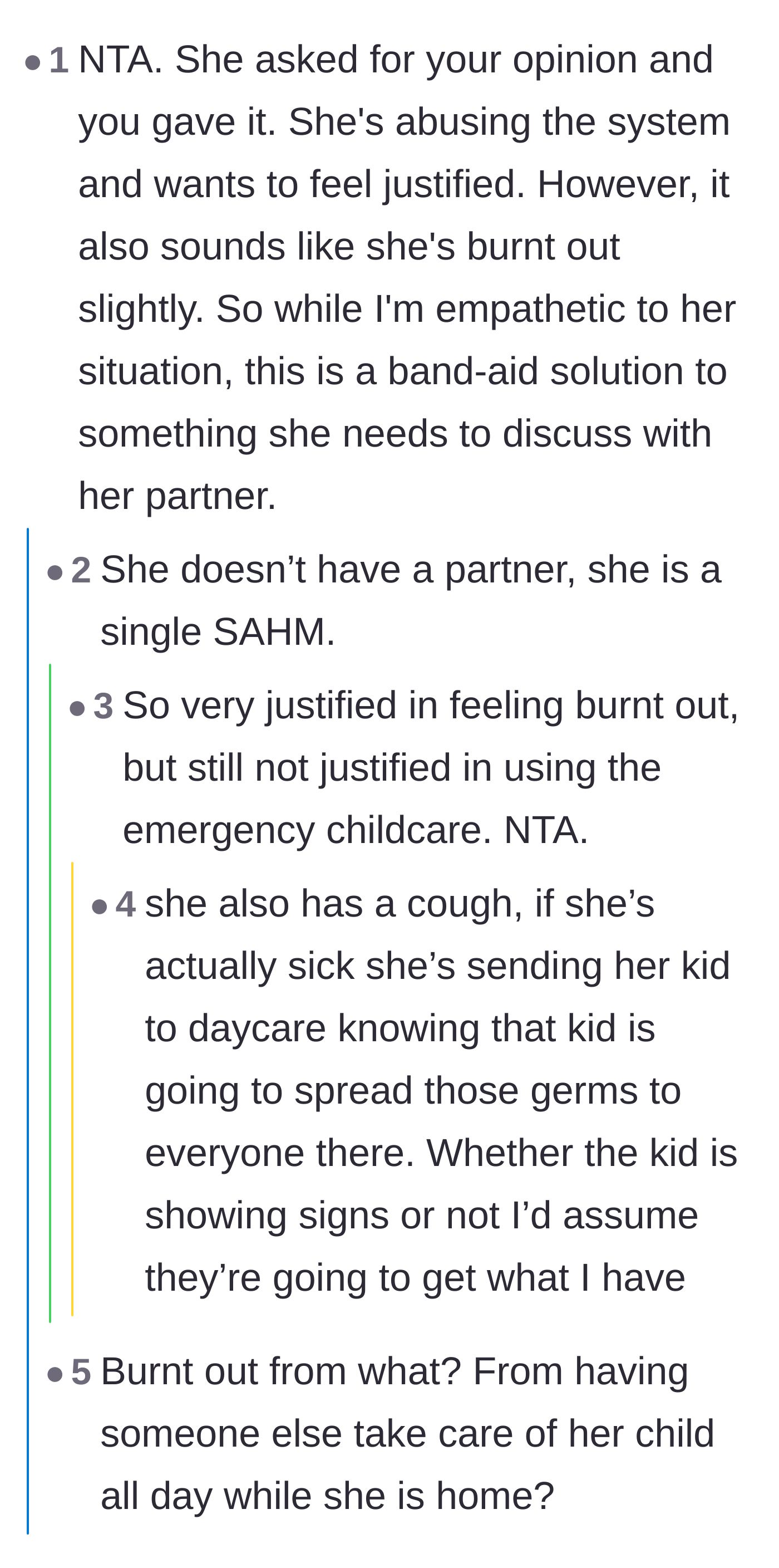 Comment thread 6 - Debating single-parent burnout versus the misuse of emergency public resources.