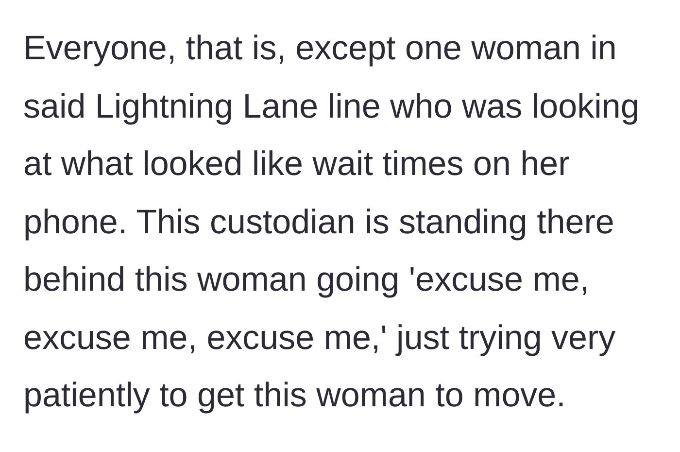 Story part 2 - An oblivious woman staring at her phone blocks the custodian's path while ignoring repeated polite requests to move.