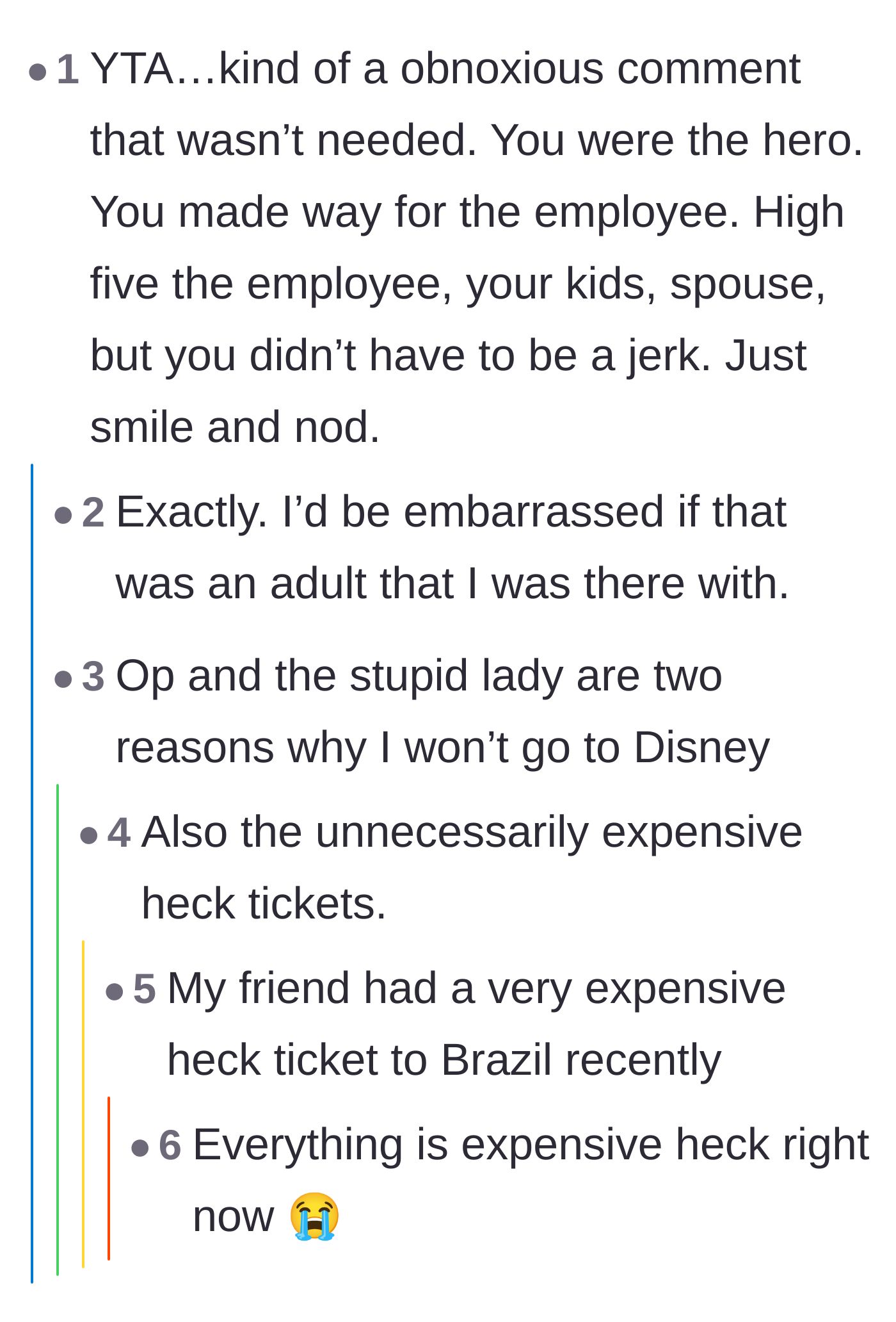 Comment thread 4 - People expressing intense secondhand embarrassment for whoever had to travel with the loud, performative narrator.