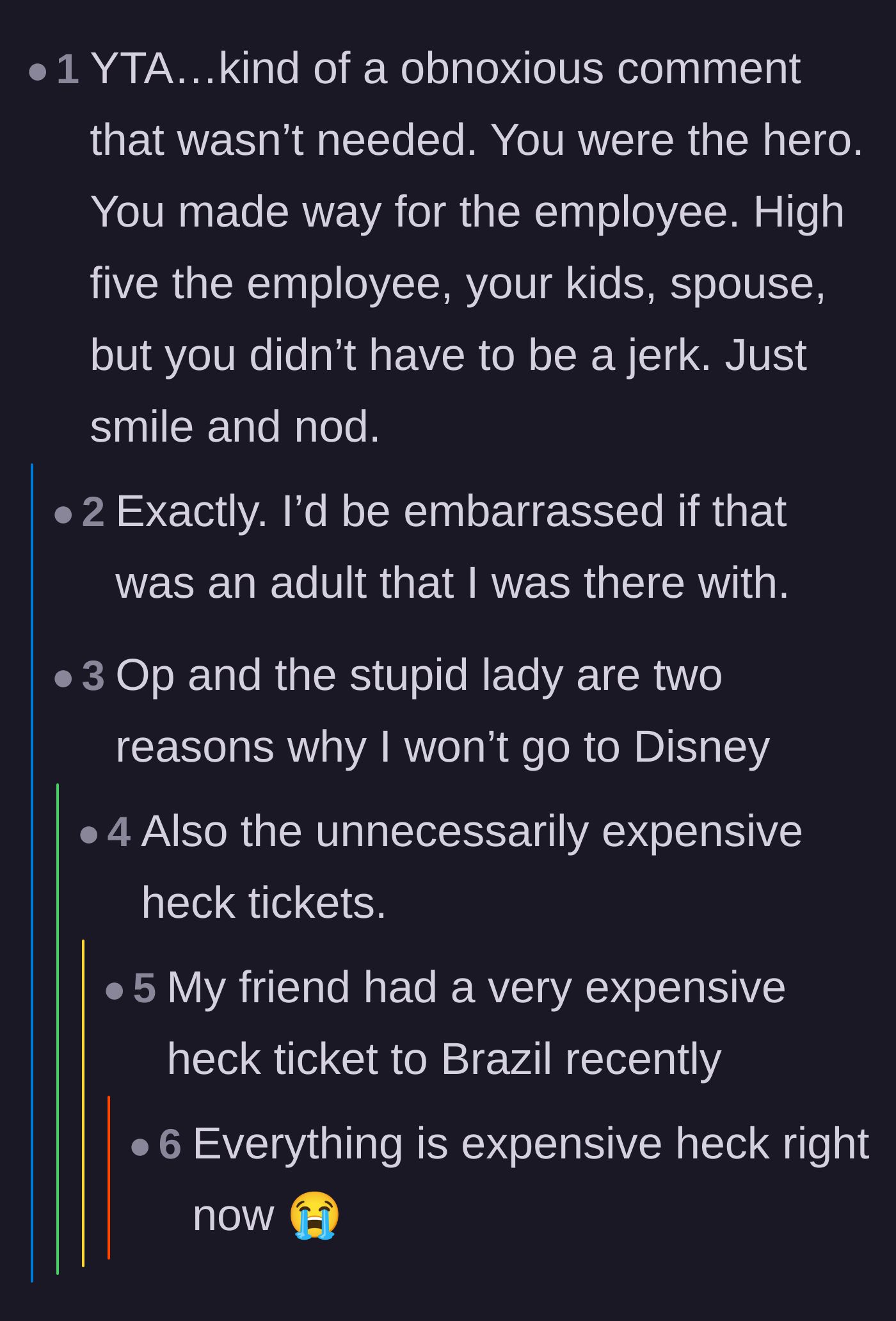 Comment thread 4 - People expressing intense secondhand embarrassment for whoever had to travel with the loud, performative narrator.