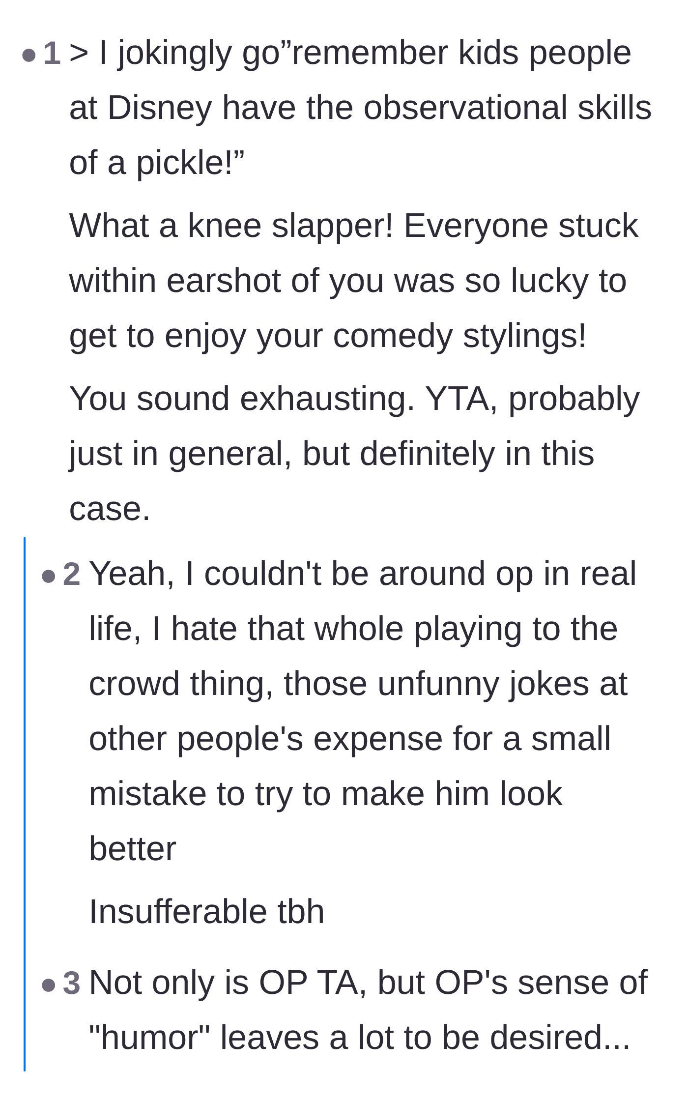 Comment thread 5 - Commenters brutally mocking the narrator's unoriginal, try-hard sense of humor.
