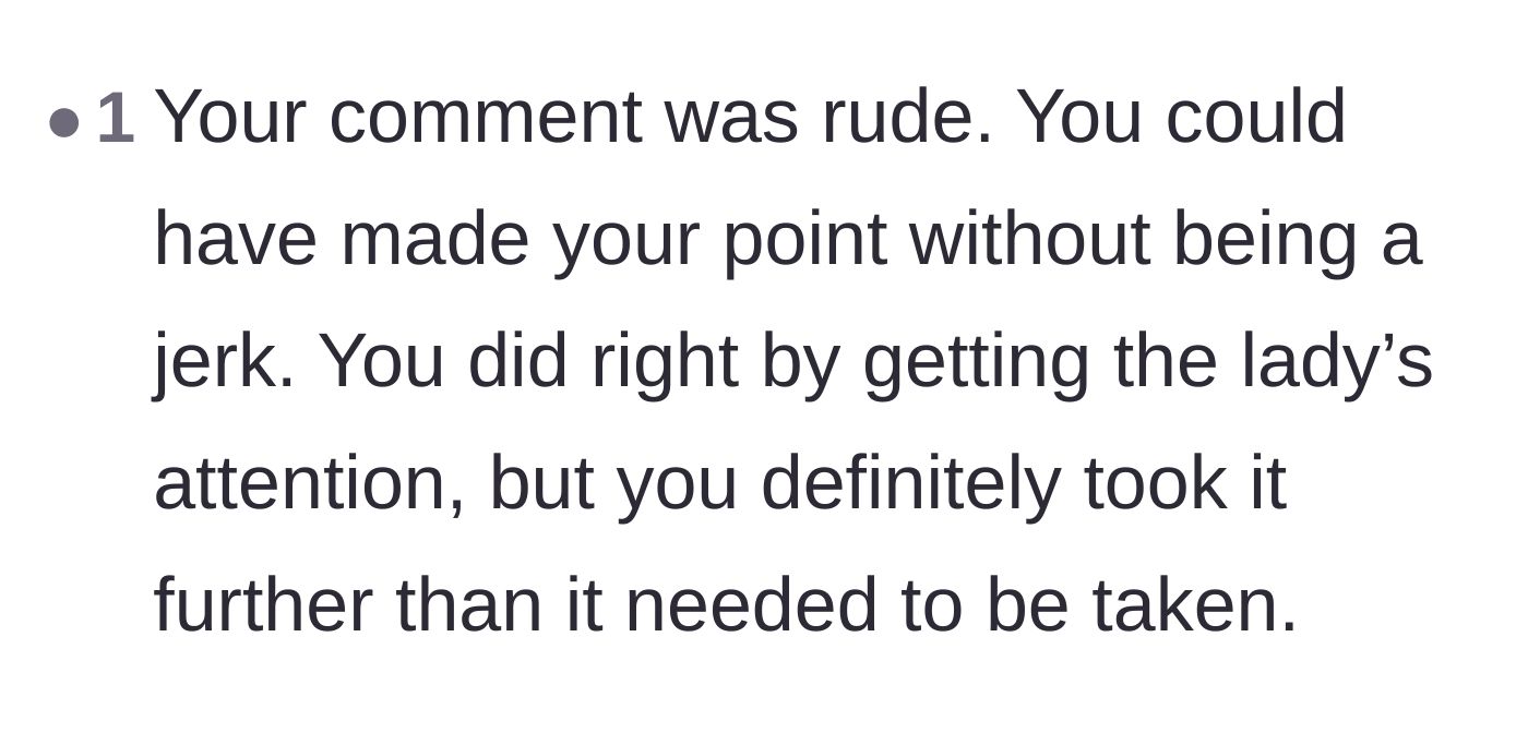 Comment thread 6 - A straightforward critique stating that the narrator could have helped the custodian without resorting to insults.