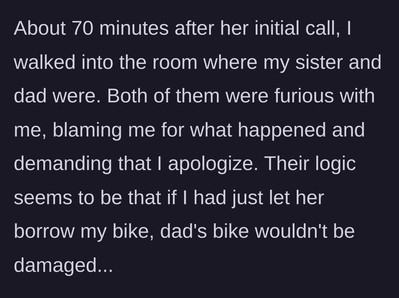 Story part 5 - The narrator is confronted by an angry father and sister, who blame the narrator for the broken bike.