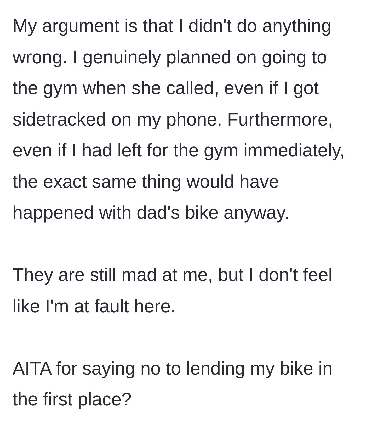 Story part 6 - The narrator defends their stance, arguing the accident would have happened regardless, and asks if they were wrong to say no.