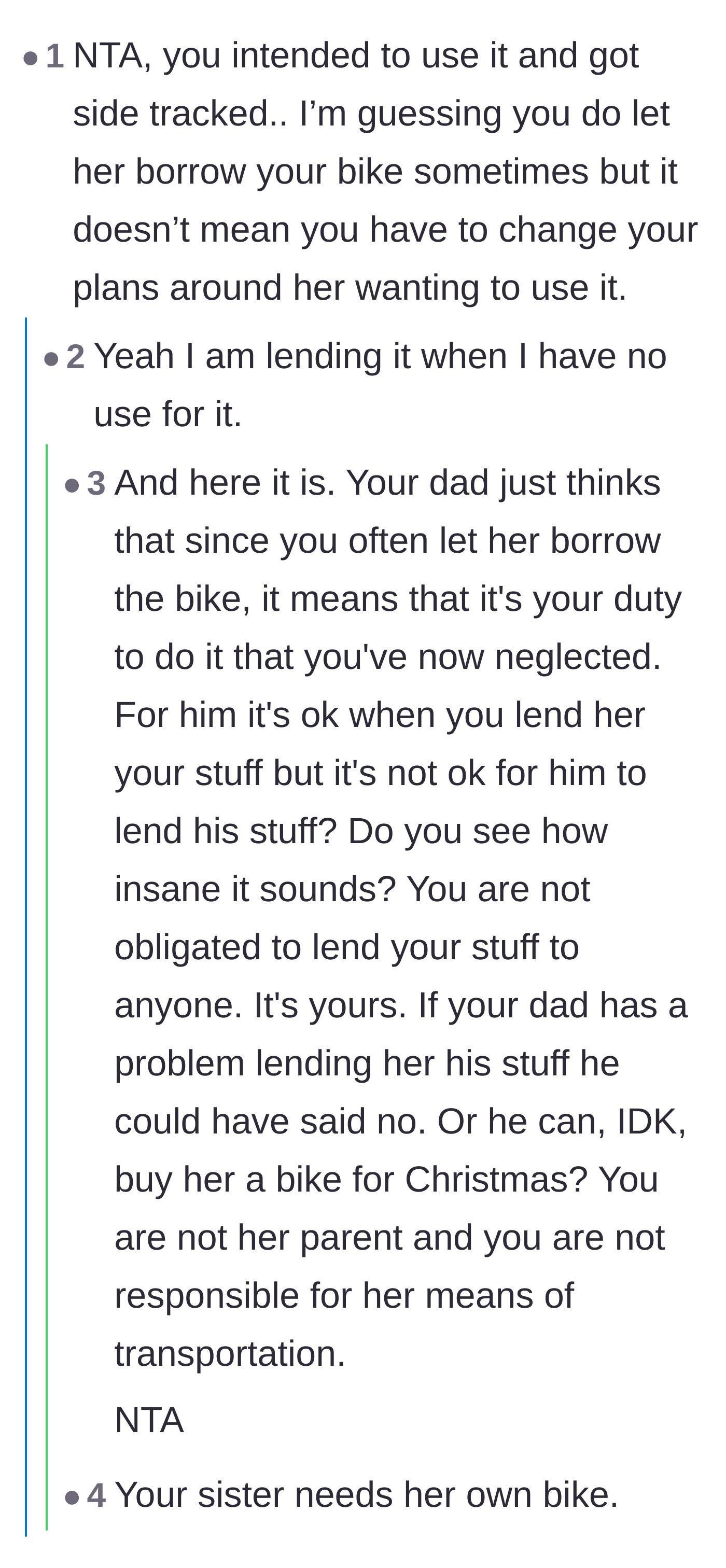 Comment thread 1 - A discussion about how past favors don't equal future obligations and the father's double standard.