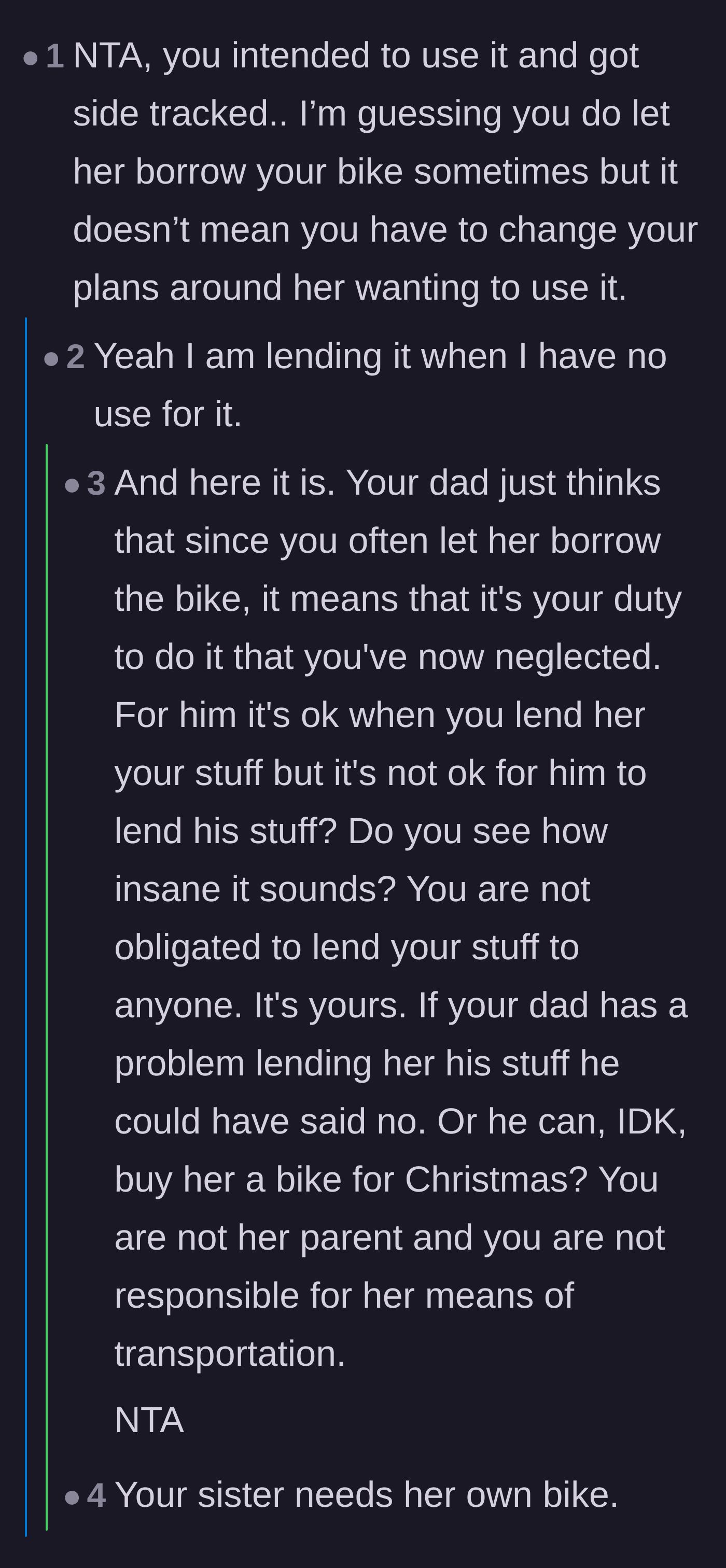 Comment thread 1 - A discussion about how past favors don't equal future obligations and the father's double standard.